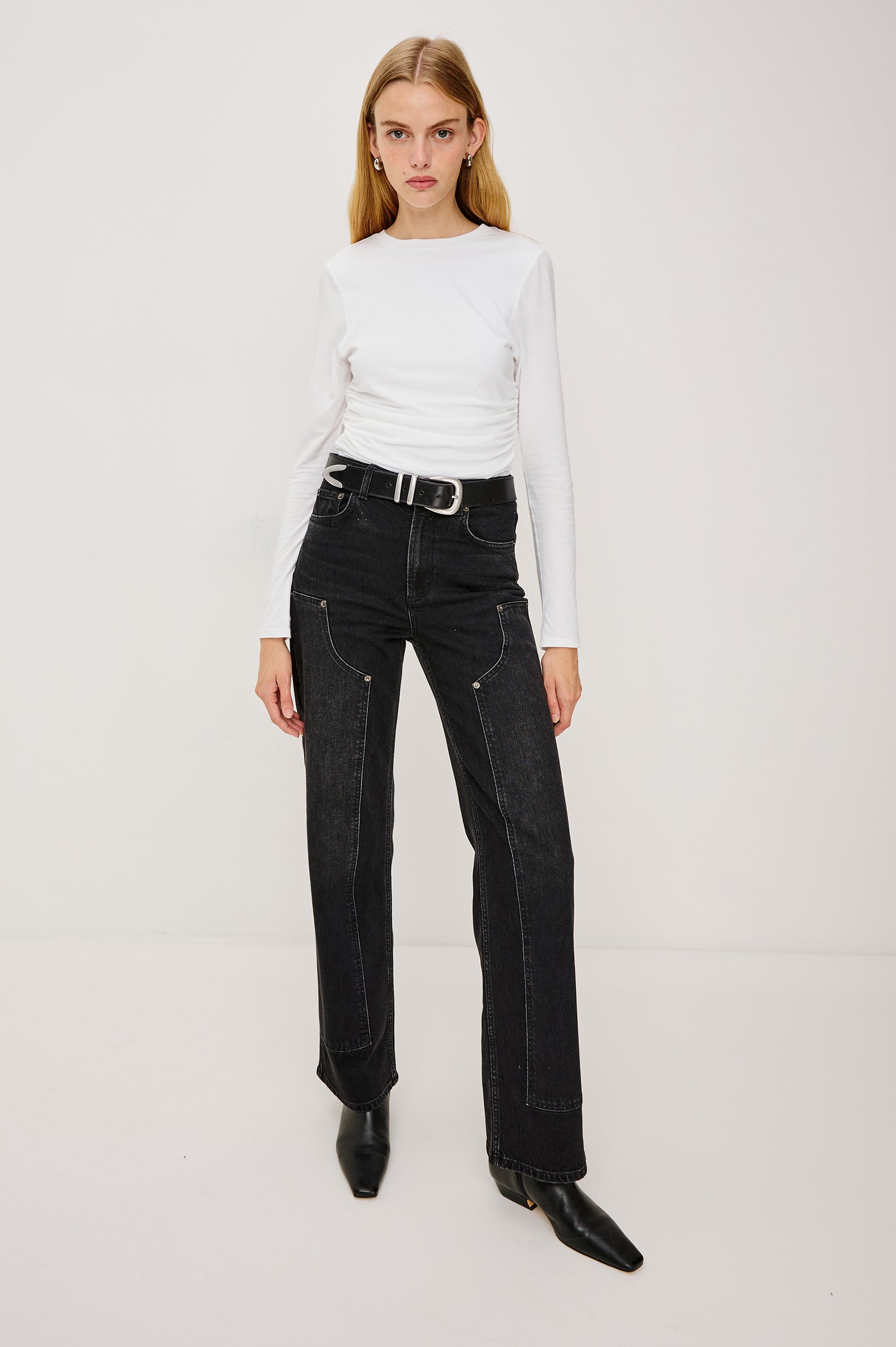 Melle Fitted Top in Organic Cotton With Crew Neckline, Side Shirring, and Long Sleeves in White Colorway - Full Body Front View Featured on Model