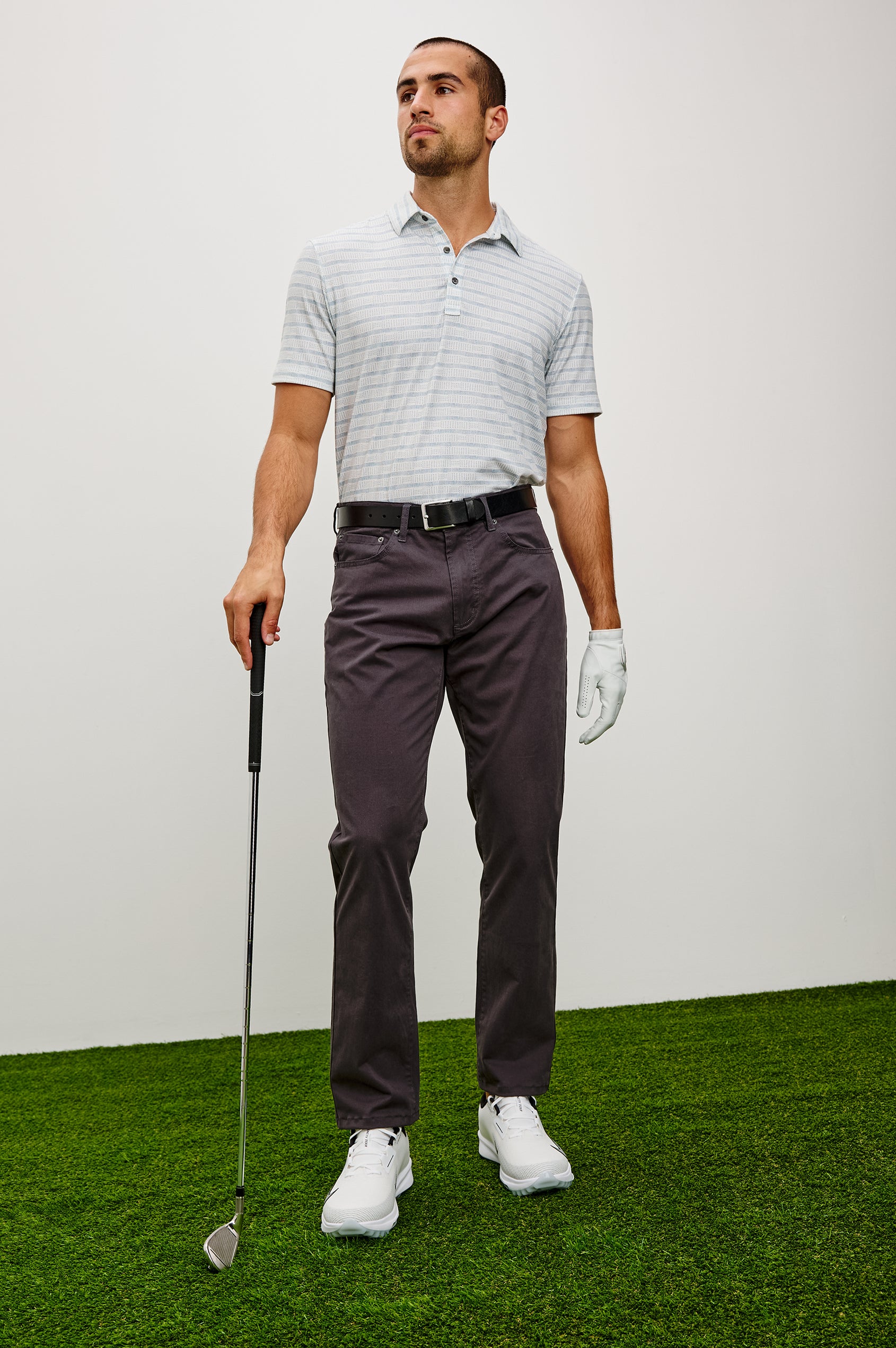 Merced Golf Polo in TENCEL™ Poly Blend With Collar, Quarter Placket, Short Sleeves, and Classic Fit in Shashiko Border White Colorway - Full Body Front View Featured on Model