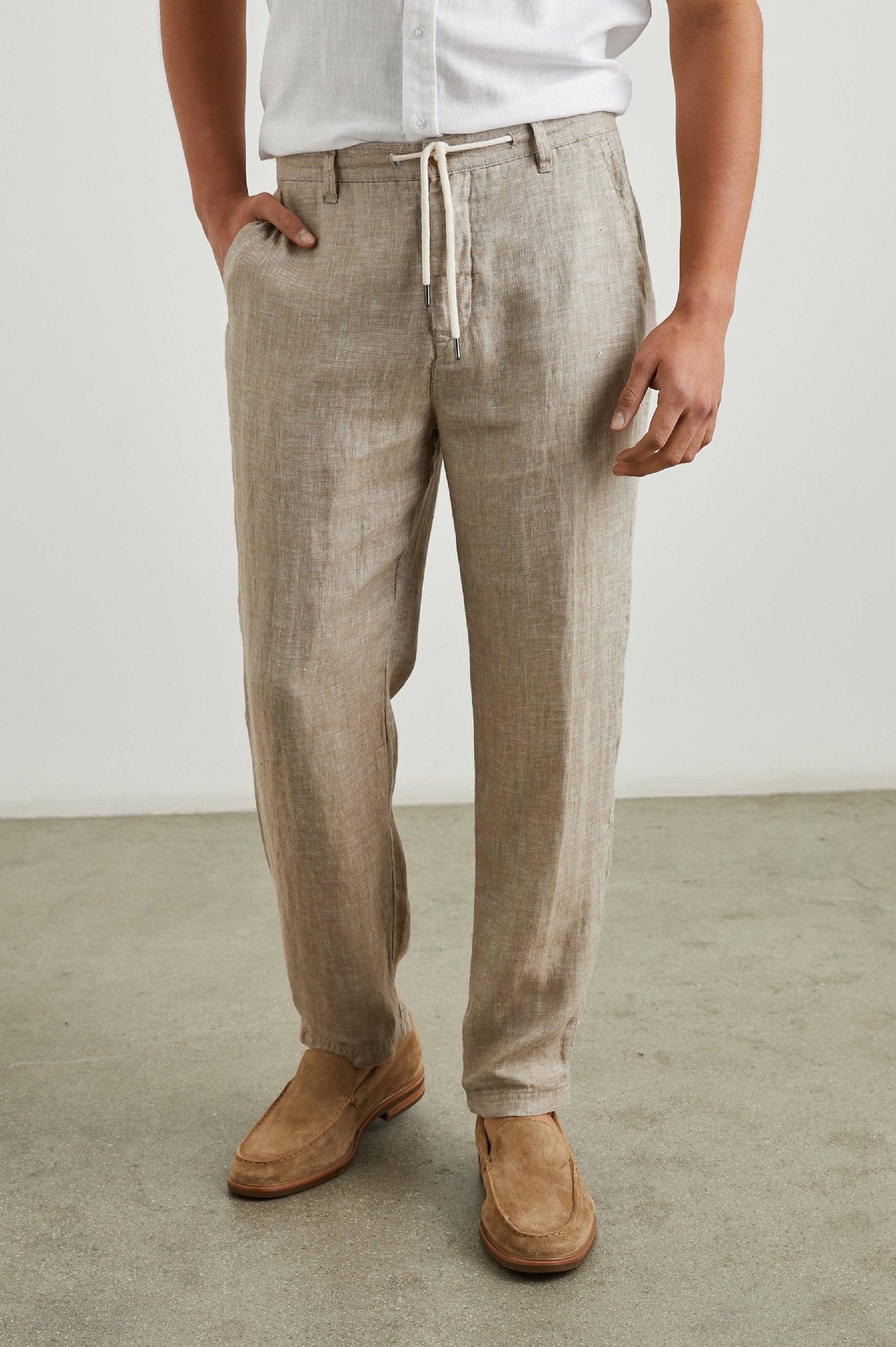 Mercer Pants with a Button and Drawcord Waist, Belt Loops, Two Front Pockets and Two Back Button Welt Pockets in Bulgar Colorway - Front View Featured on Model