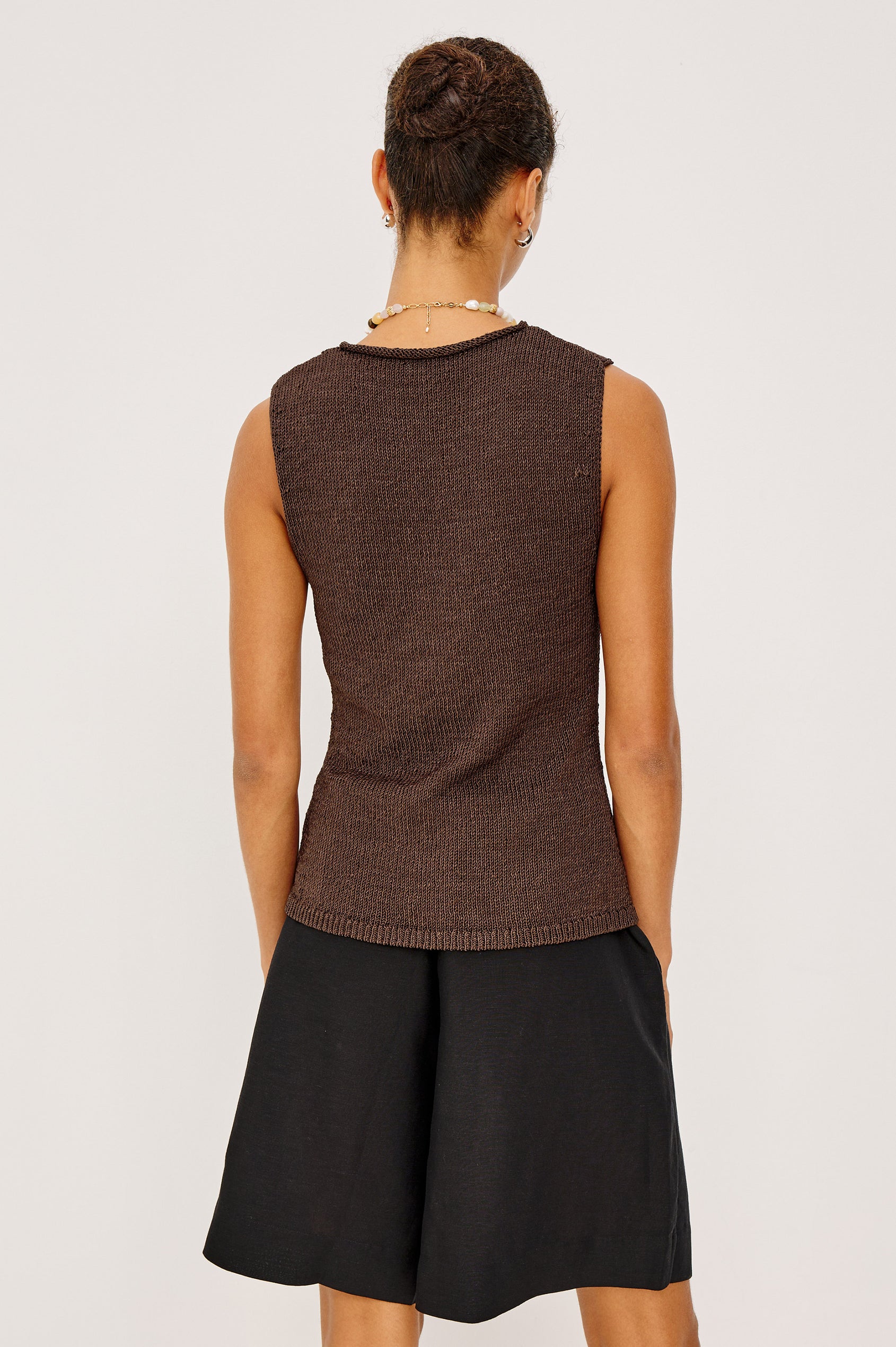 Merit Sleeveless Top in Viscose Blend Knit With Rolled Neckline, and Relaxed Body-Skimming Fit in Espresso Colorway - Upper Body Back View Featured on Model