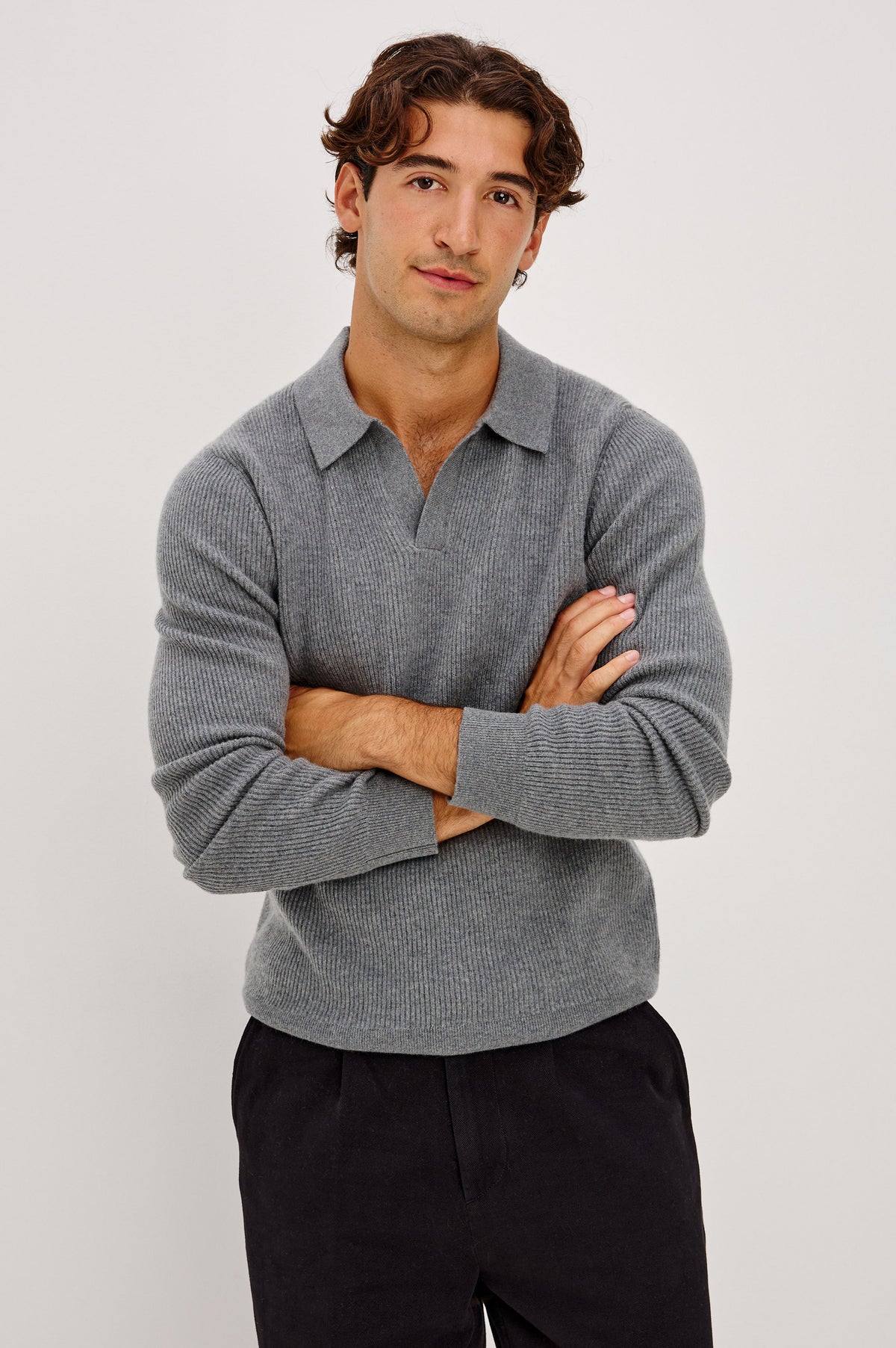 Merritt Sweater in Ribbed Wool-Cashmere-Silk Blend With Open Polo Collar and Long Sleeves in Smoke Heather Colorway - Front View Featured on Model.