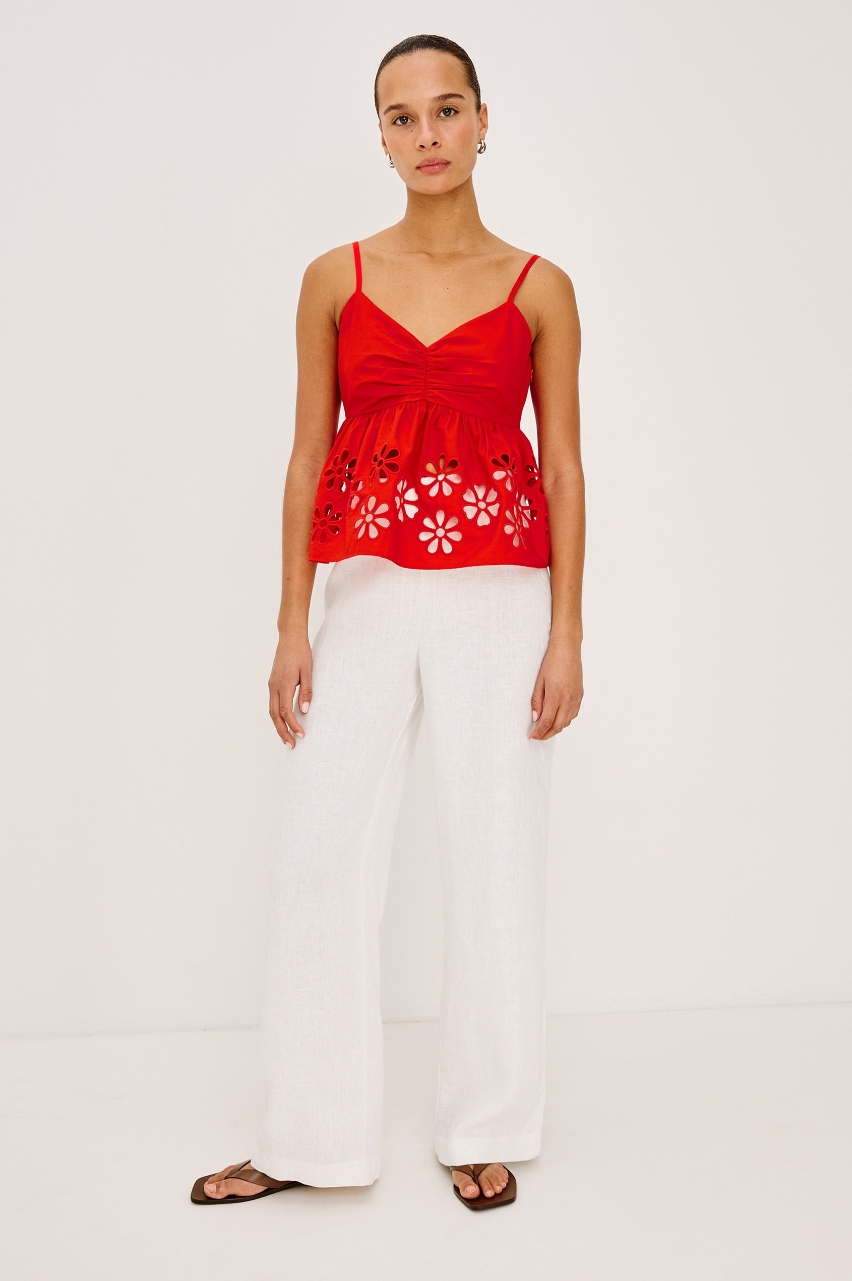Meru Tank Top in Cotton Polin With Center Front Ruching, Peplum Embroidered Hem, and Smocked Back in Scarlet - Full Body Front View Featured on Model