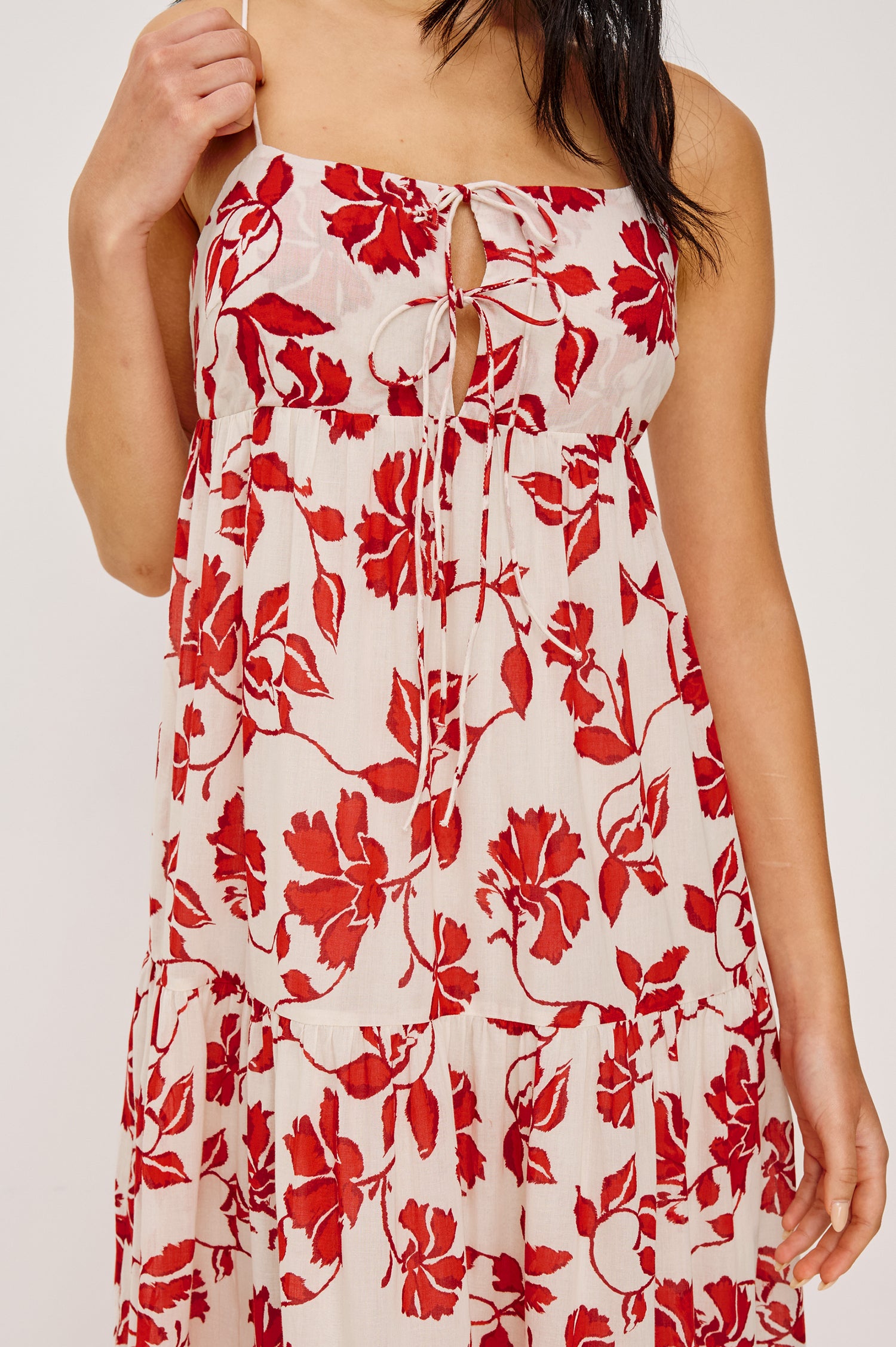 Mica Maxi Dress in Cotton With Adjustable Shoulder Straps Center-Bust Cutout With Adjustable Ties Smocked Back and Fully Lined Tiered Skirt in Red Jasmine Colorway - Upper Body Close Up Front View Featured on Model