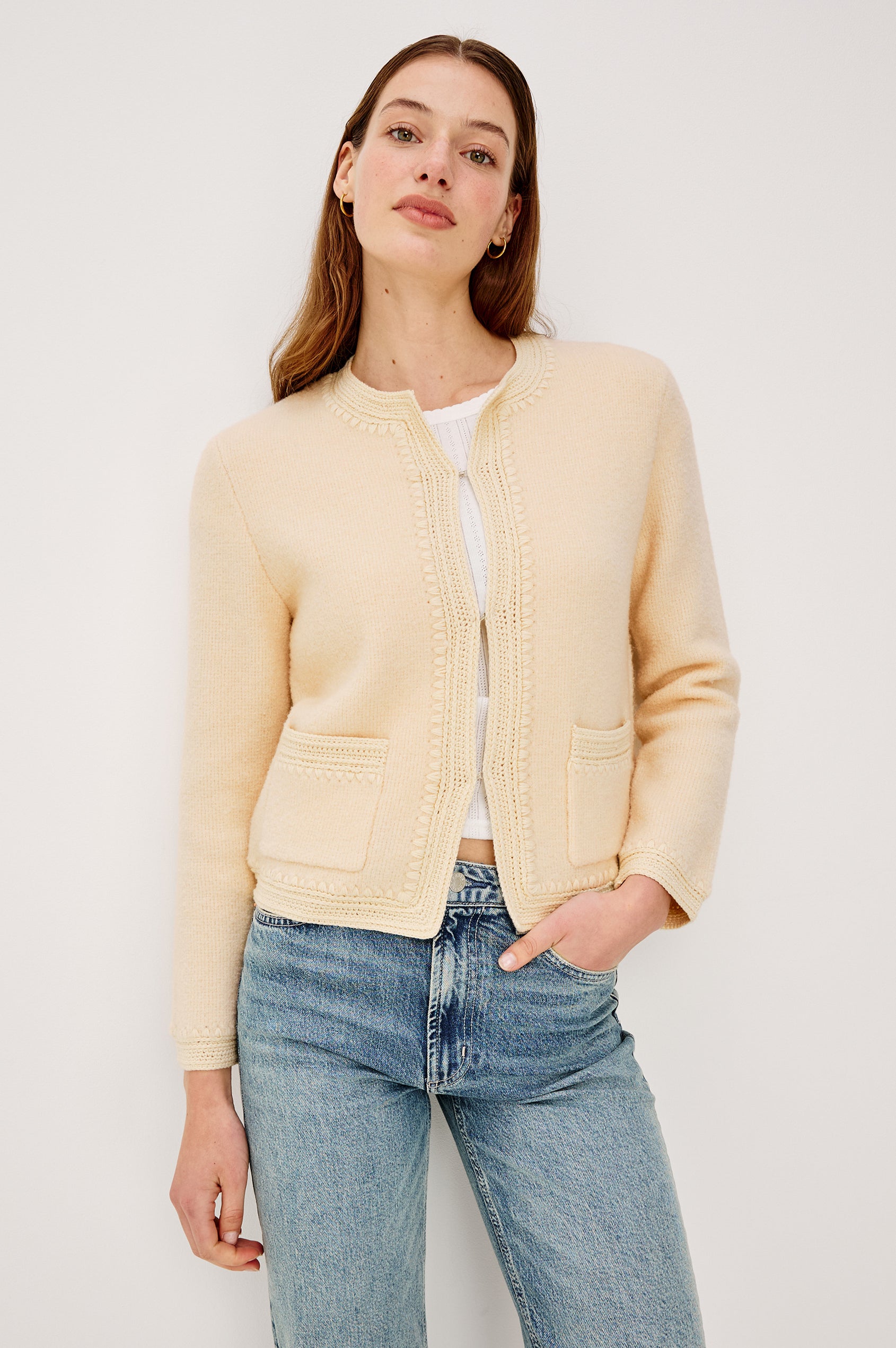 Micala Lady Jacket in Wool Blend With Round Collar Front Hook-and-Loop Closures Side Patch Pockets and Long Sleeves in Oat Colorway - Upper Body Front View Featured on Model