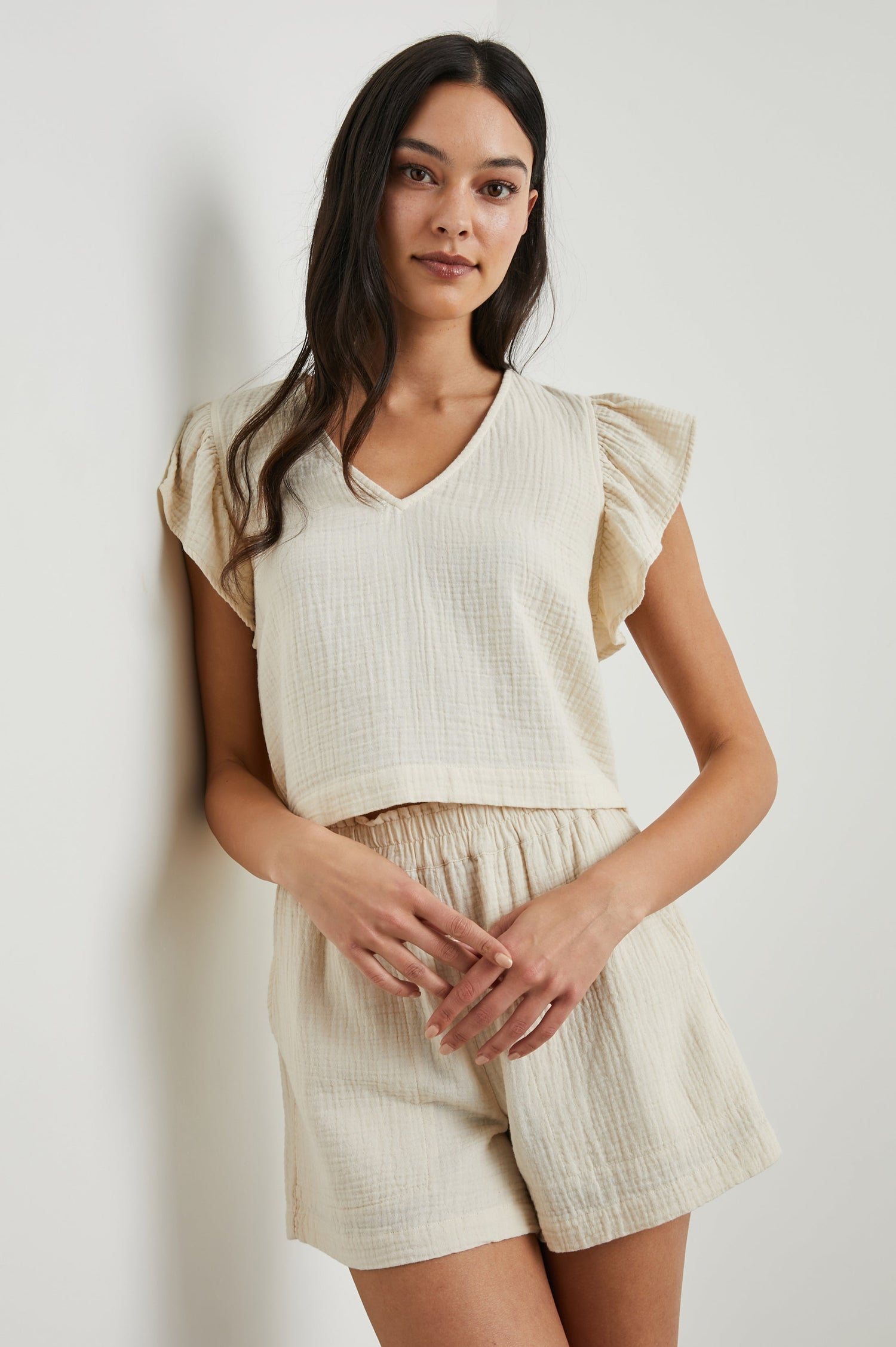Miley Cropped, Short-Sleeve, V Neck Top with Flutter Sleeves and Textured Fabric in Flex Colorway - Front View Featured on Model
