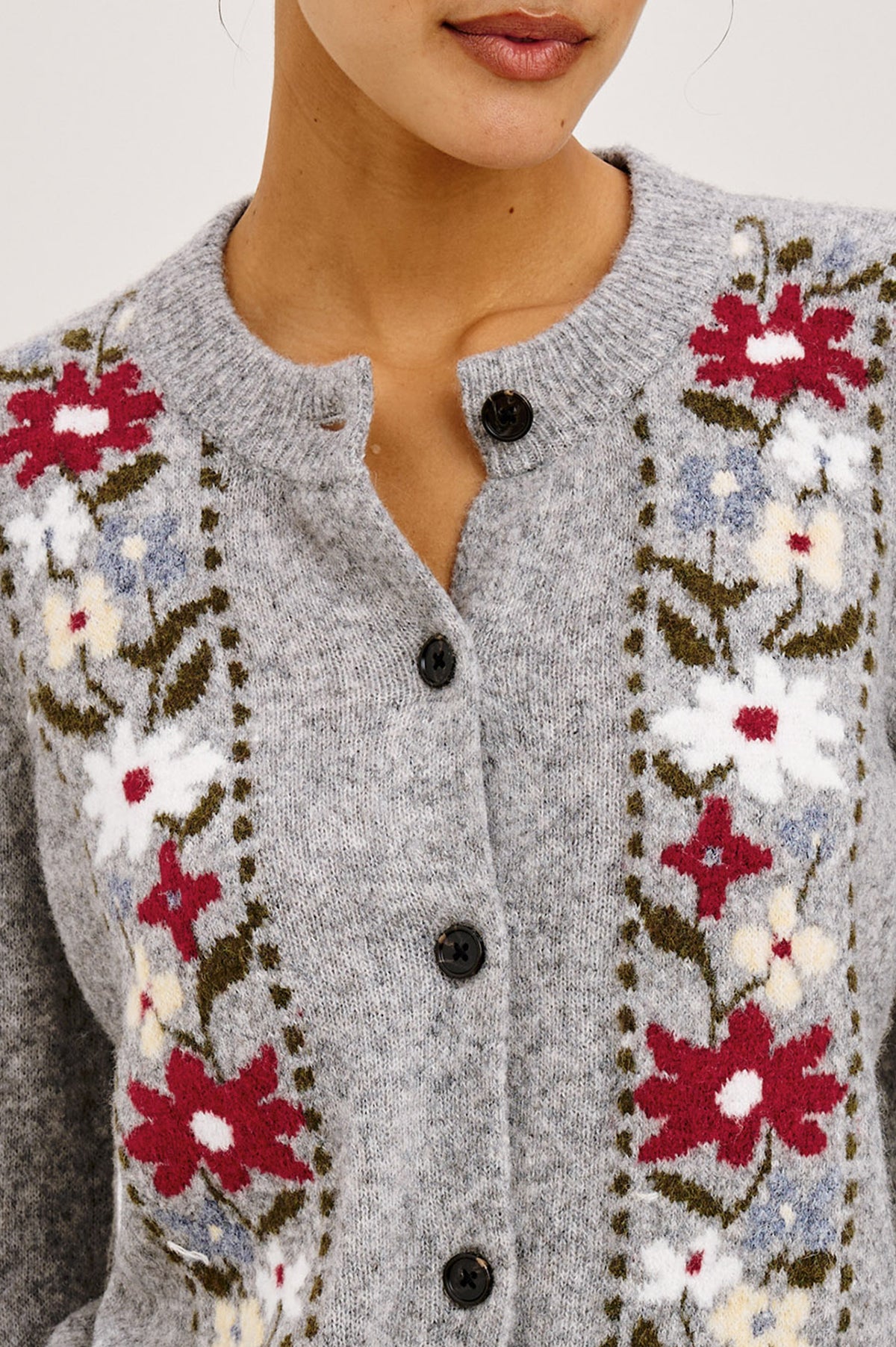 Millie Cardigan in Wool Blend Knit With Slightly Cropped Relaxed Fit, Crew Neck, Front Buttons, Long Sleeves, and Ribbed Trim in Grey Flora Colorway - Upper Body Front View Featured on Model