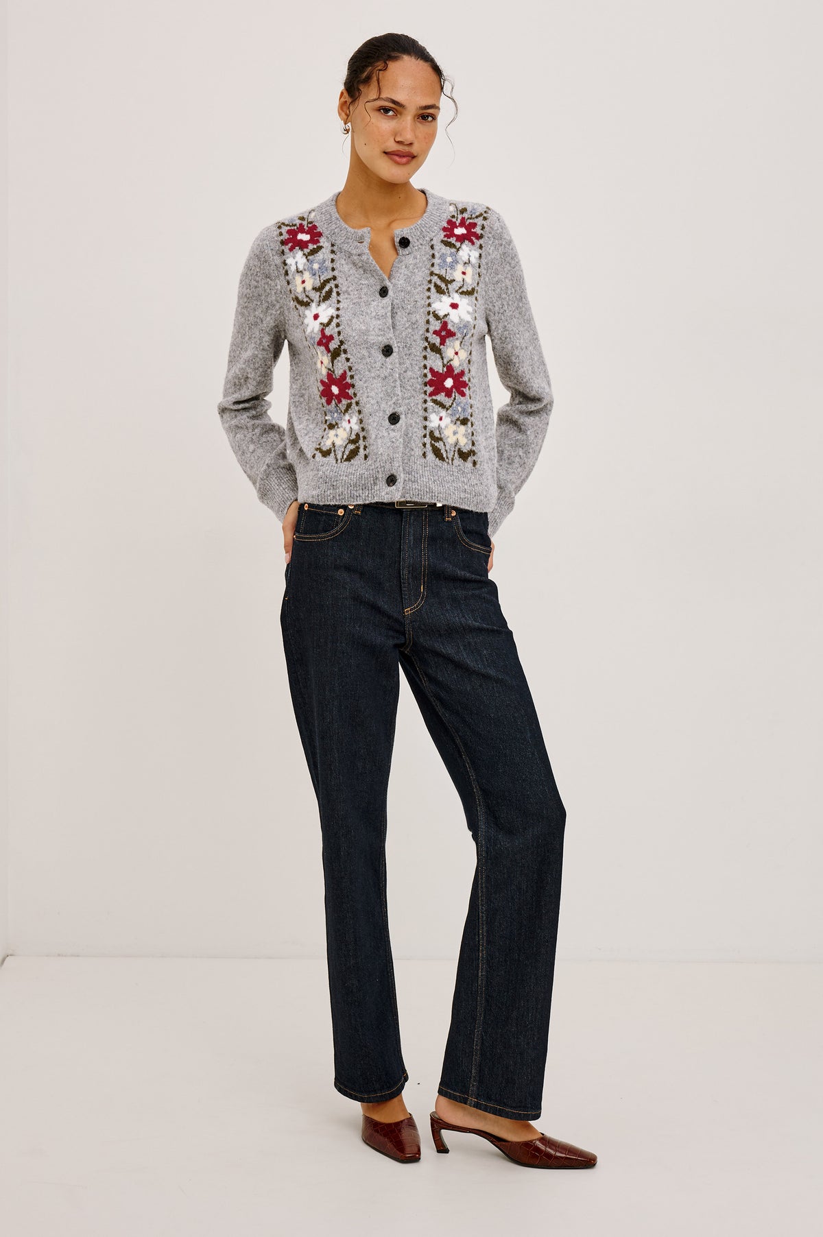 Millie Cardigan in Wool Blend Knit With Slightly Cropped Relaxed Fit, Crew Neck, Front Buttons, Long Sleeves, and Ribbed Trim in Grey Flora Colorway - Full Body Front View Featured on Model