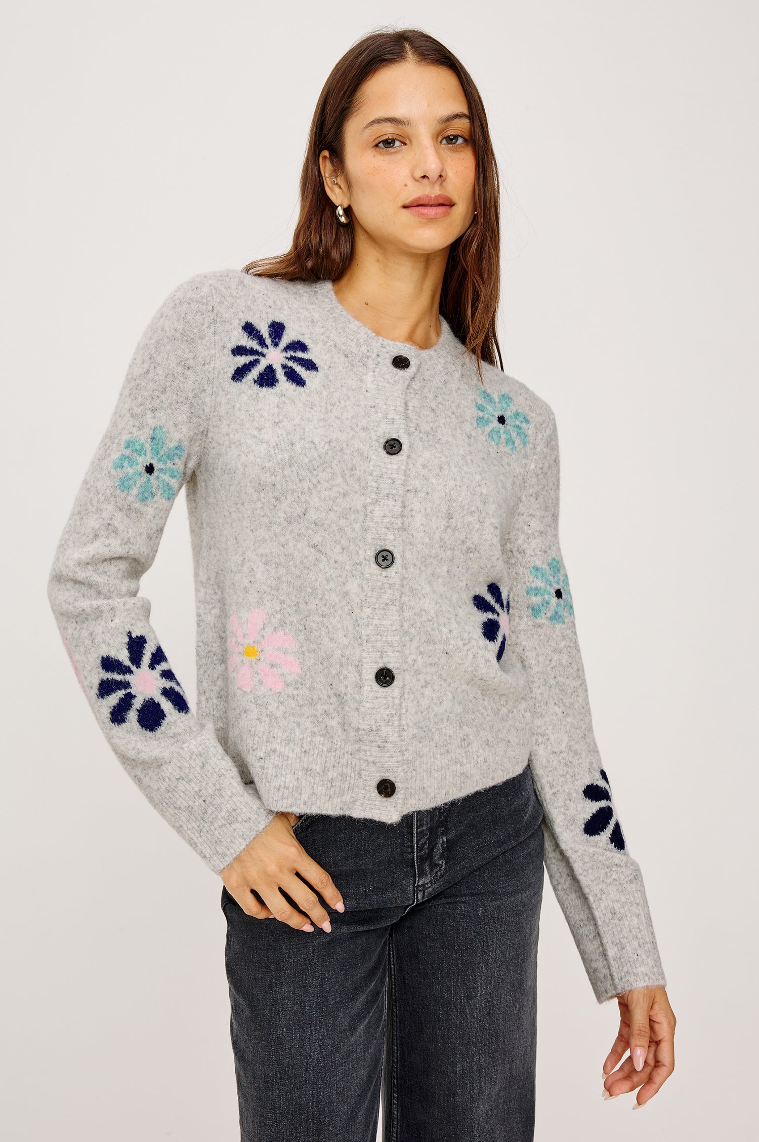 Millie Cardigan in Wool Blend With Contrast Floral Motif Pattern, Crew Neckline, Front Buttons, Ribbed Trim, and Long Sleeves in Grey Multi Colorway - Upper Body Front View Featured on Model