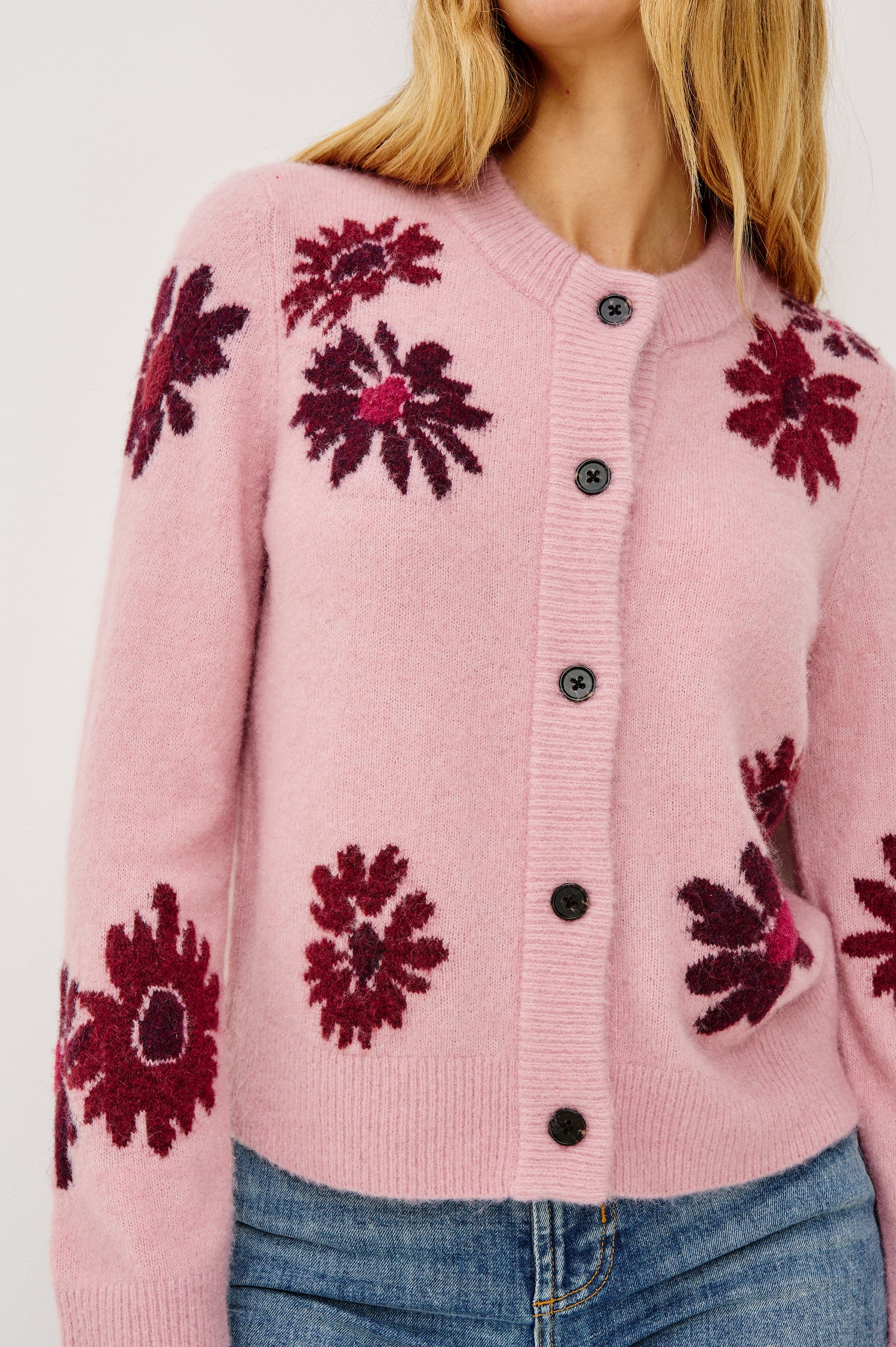 Millie Long-Sleeve Sweater with Front Button Closure, a Crew Neck and Ribbed Trim in Magenta Daisies colorway - Front View Featured on Model