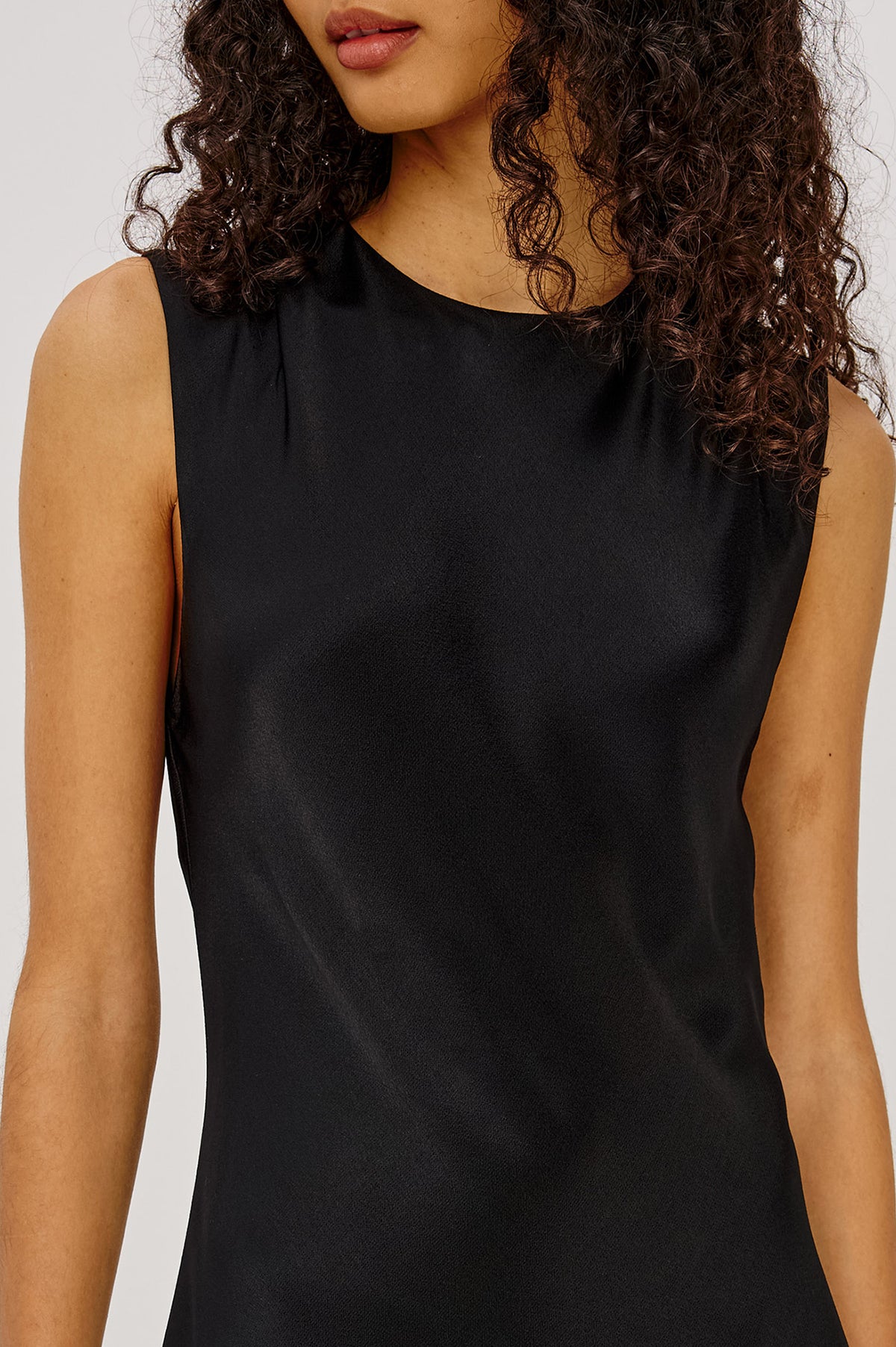 Mira Maxi Dress Bias Cut in Satin-Back Crepe With Crew Neckline, Pleated Shoulders, Side Zipper, and Keyhole Back With Button-Loop Closure in Black Colorway - Upper Body Front View Featured on Model
