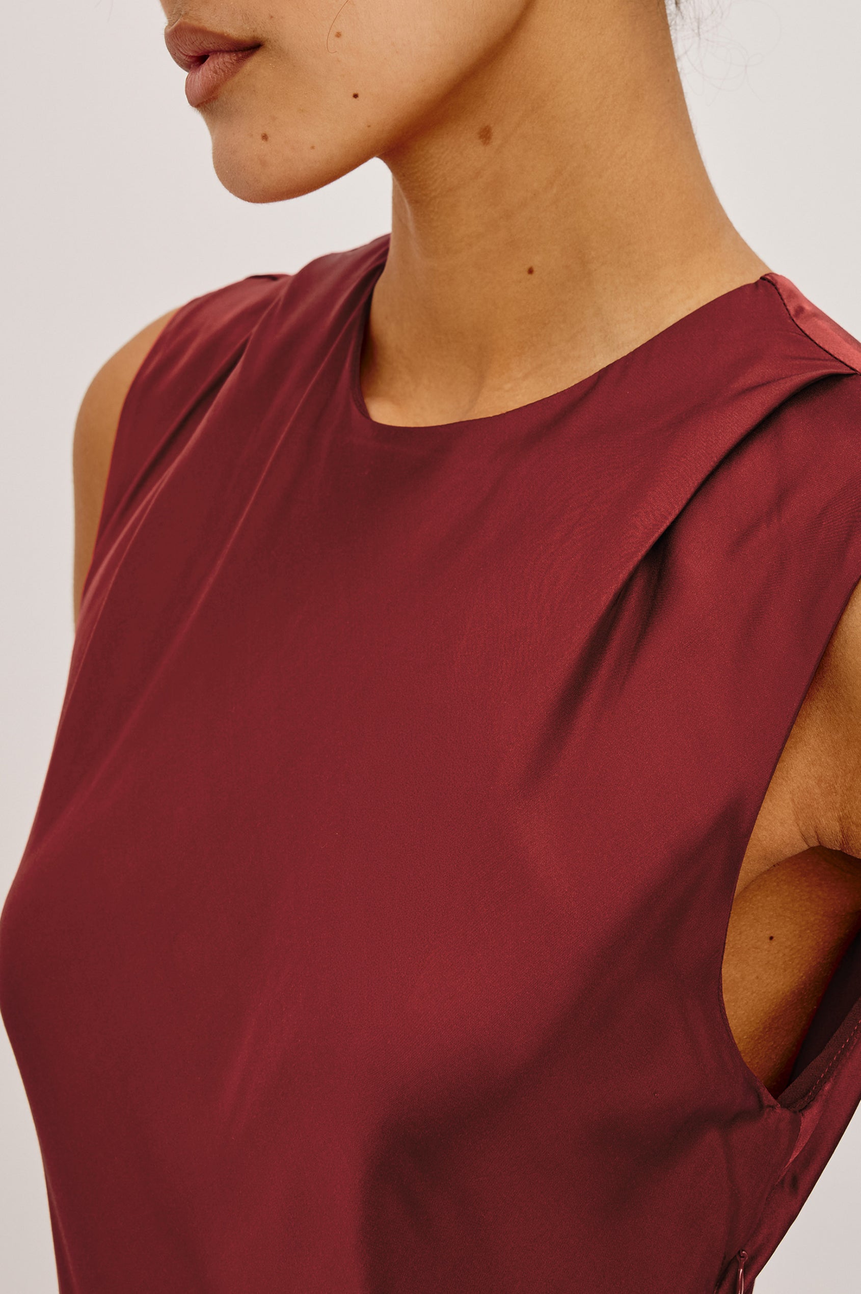 Mira Maxi Dress Bias Cut in Satin-Back Crepe With Crew Neckline, Pleated Shoulders, Side Zipper, and Keyhole Back With Button-Loop Closure in Crimson Colorway - Upper Body Front View Featured on Model