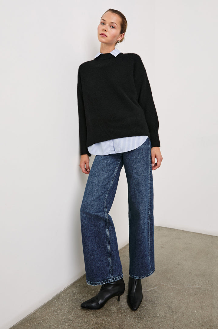 Miranda Long-Sleeve Sweater with a Mock Neck, Side Slits, and Ribbed Trim in Oatmeal Colorway - Front Full Body View Featured on Model