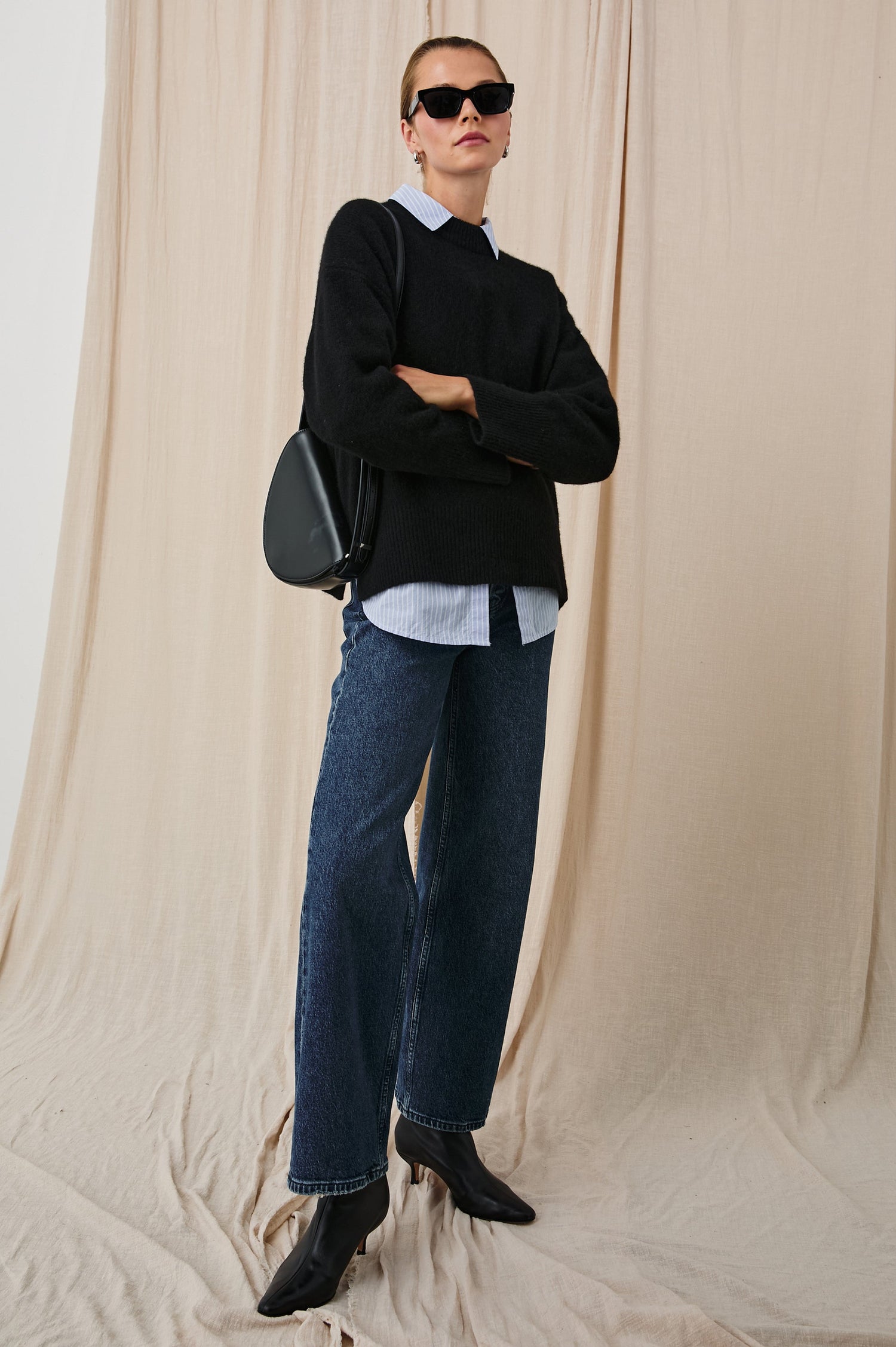 Miranda Long-Sleeve Sweater with a Mock Neck, Side Slits, and Ribbed Trim in Oatmeal Colorway - Front Full Body View Featured on Model