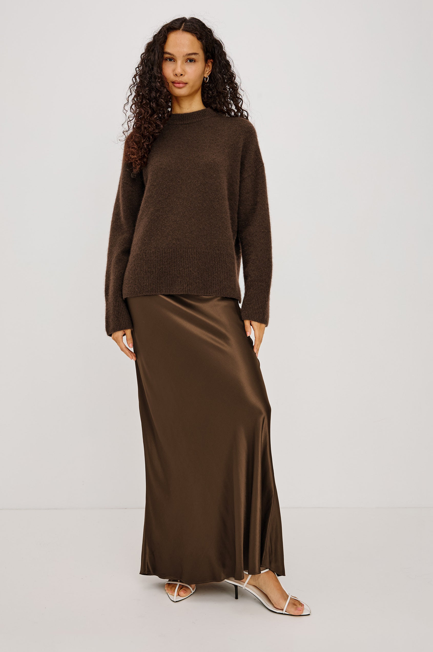 Miranda Sweater in Cashmere-Silk Blend With Relaxed Boxy Fit, Mock Neck, Drop Shoulders, and Side Slits at Hem in Chocolate Colorway - Full Body Front View Featured on Model