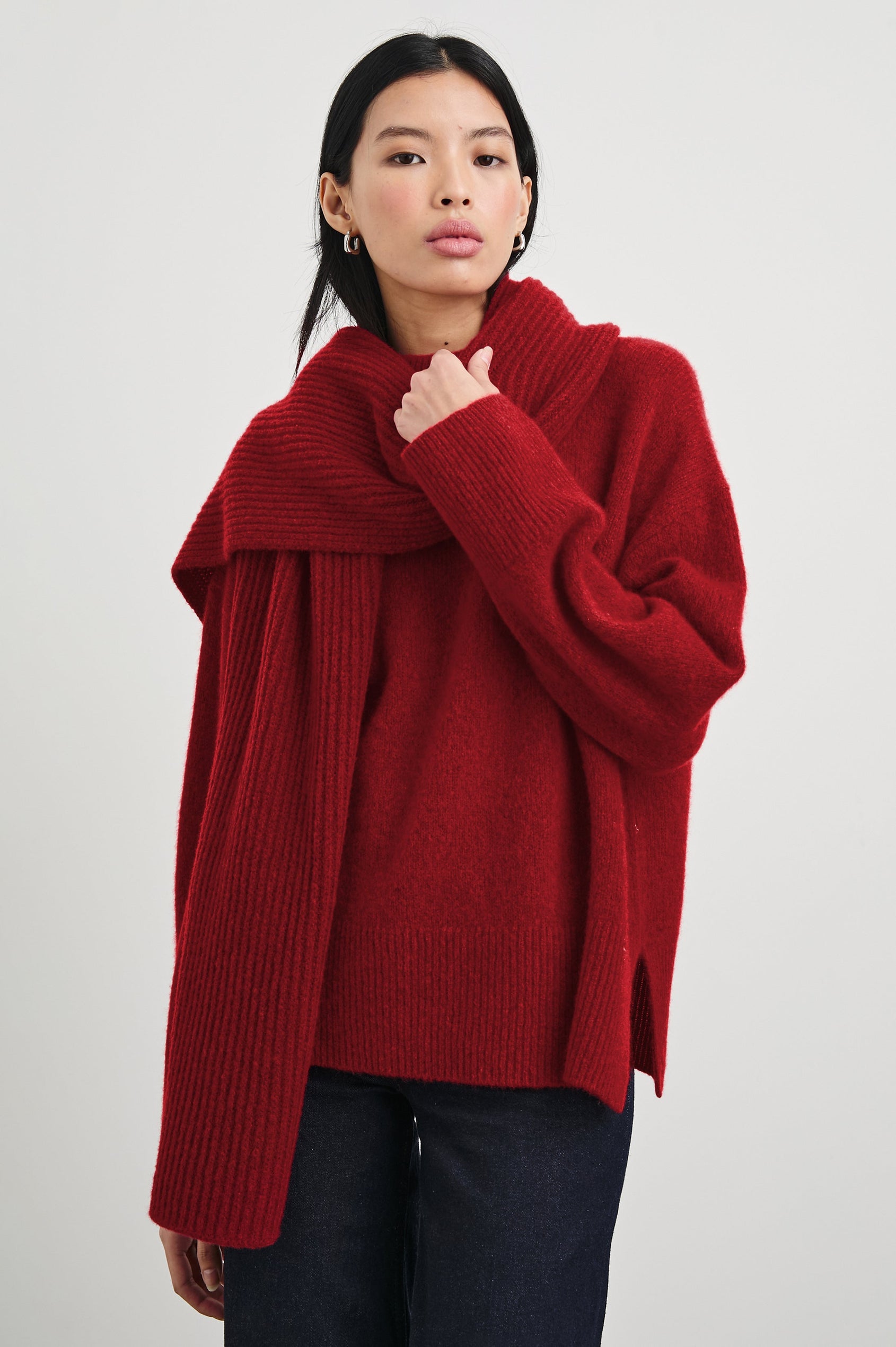 Miranda Long-Sleeve Sweater with a Mock Neck, Side Slits, and Ribbed Trim in Merlot Colorway - Front View Featured on Model