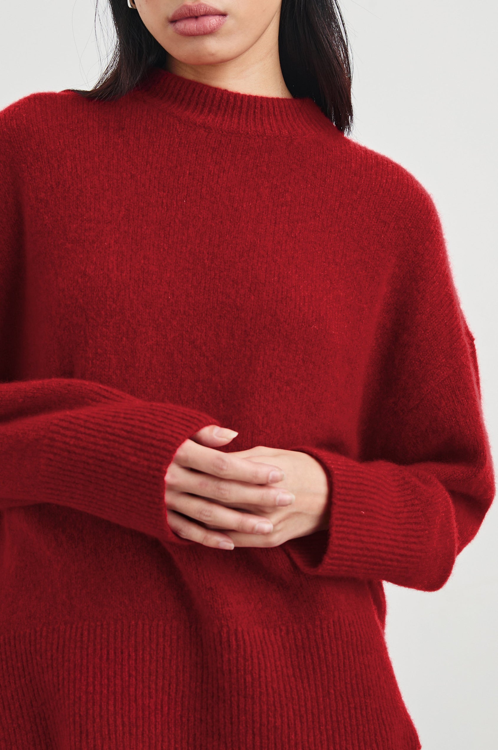 Miranda Long-Sleeve Sweater with a Mock Neck, Side Slits, and Ribbed Trim in Merlot Colorway - Front View Featured on Model