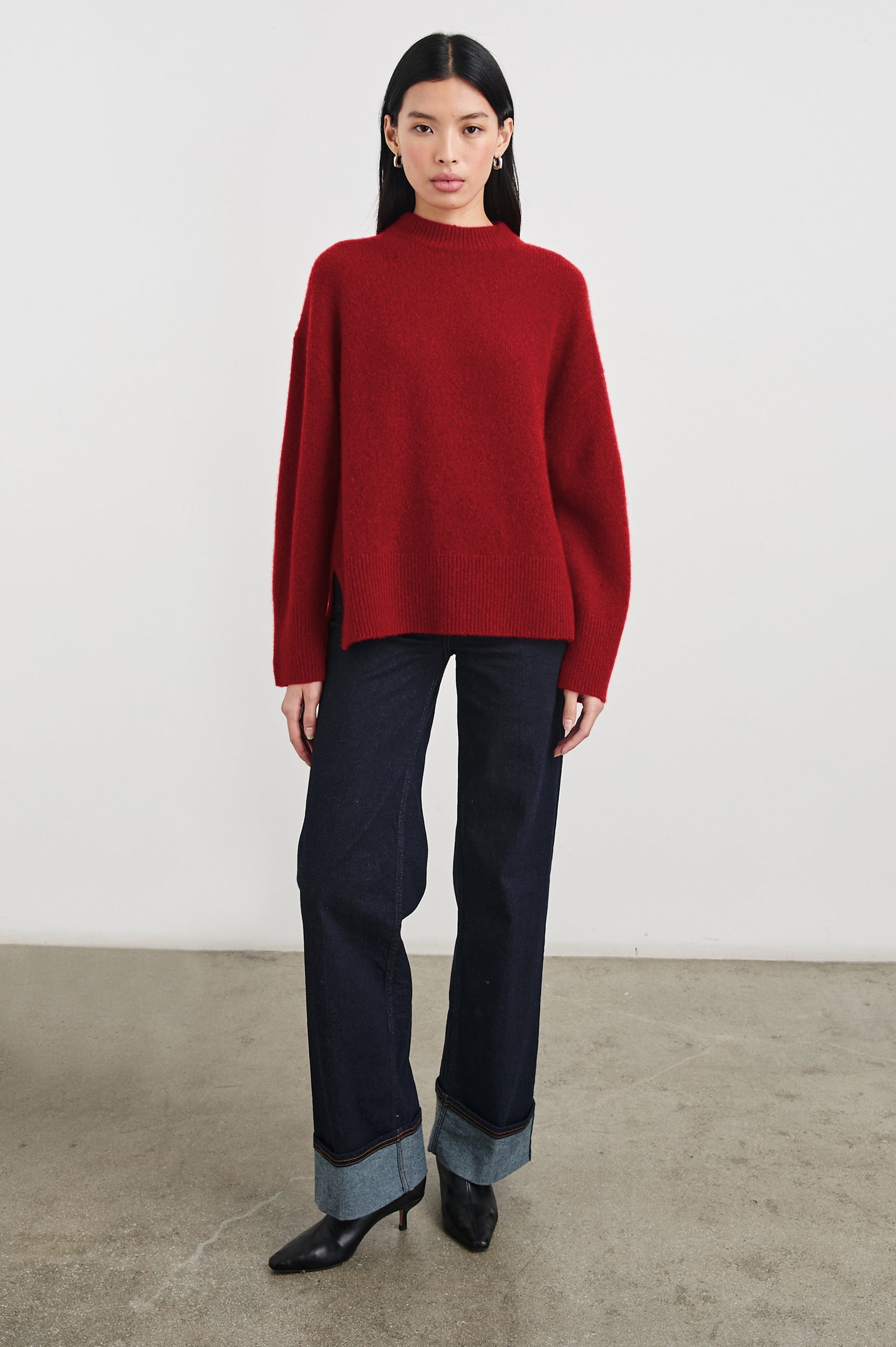 Miranda Long-Sleeve Sweater with a Mock Neck, Side Slits, and Ribbed Trim in Merlot Colorway - Front Full Body View Featured on Model