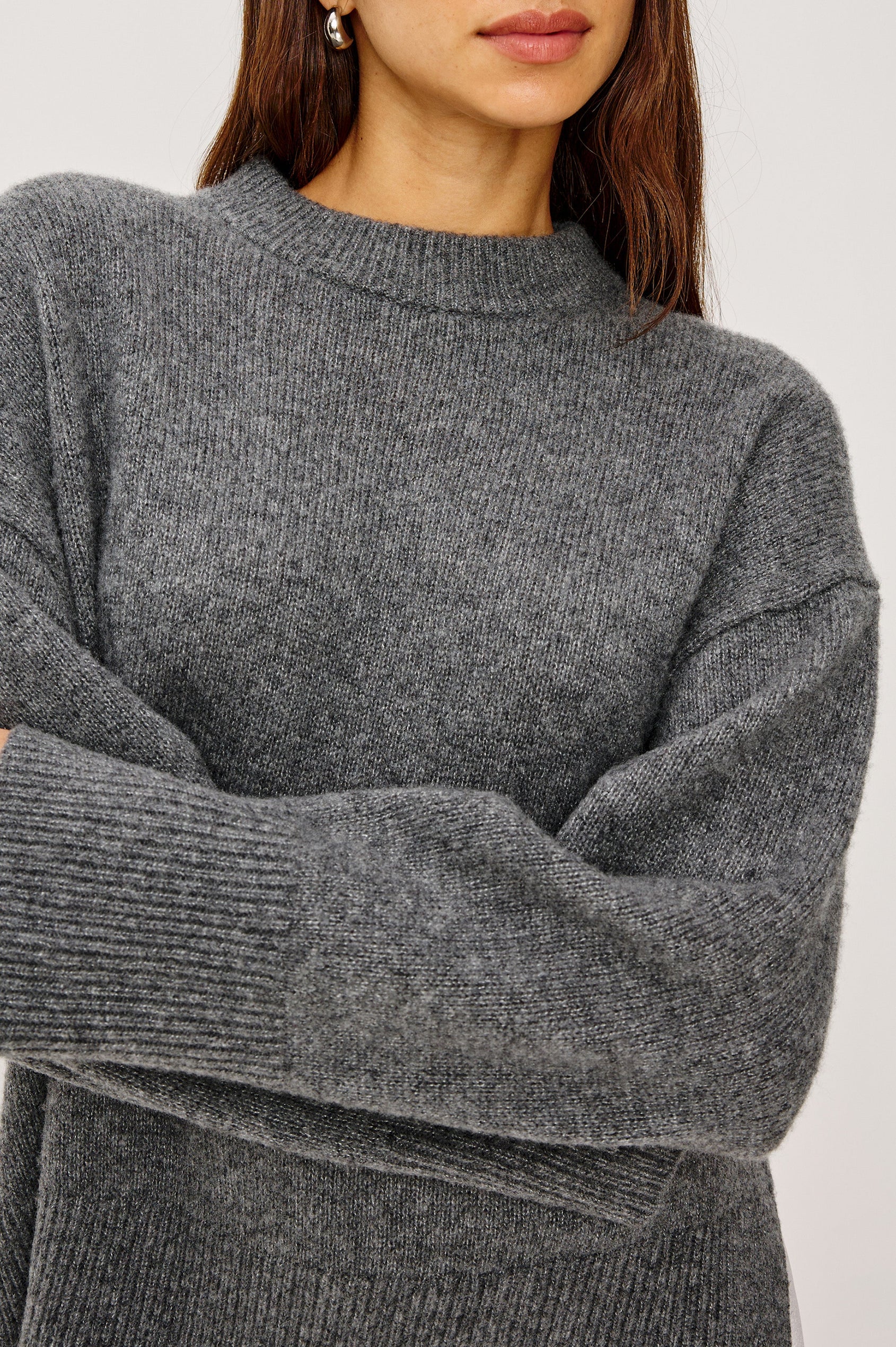 Miranda Long-Sleeve Sweater with a Mock Neck, Side Slits, and Ribbed Trim in Thunder Colorway - Close Up View Featured on Model