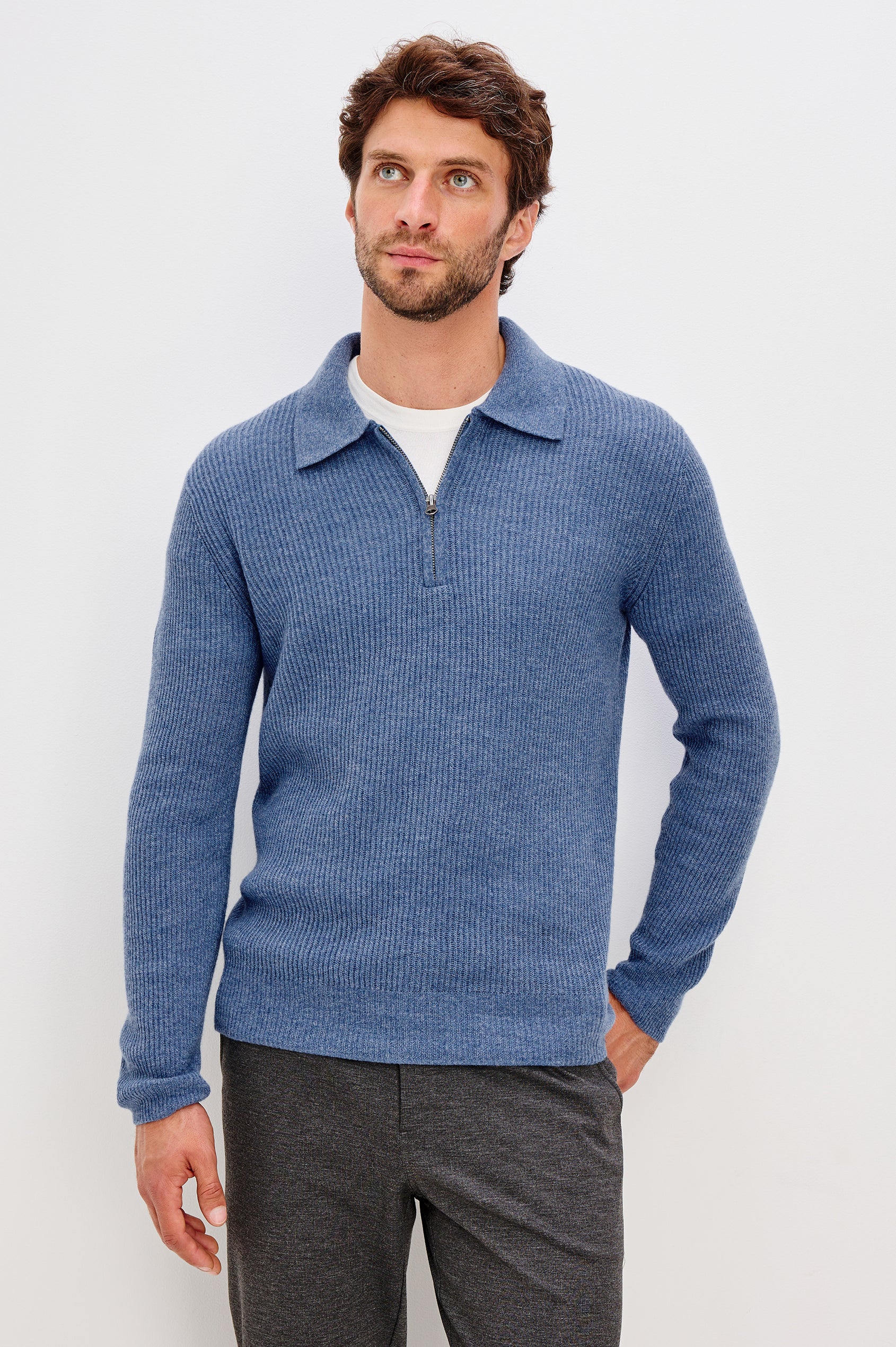 Monty Sweater in Ribbed Wool With Collar, Quarter Front Zip, Land Long Sleeves in Cerulean Melange Colorway - Upper Body Front View Featured on Model