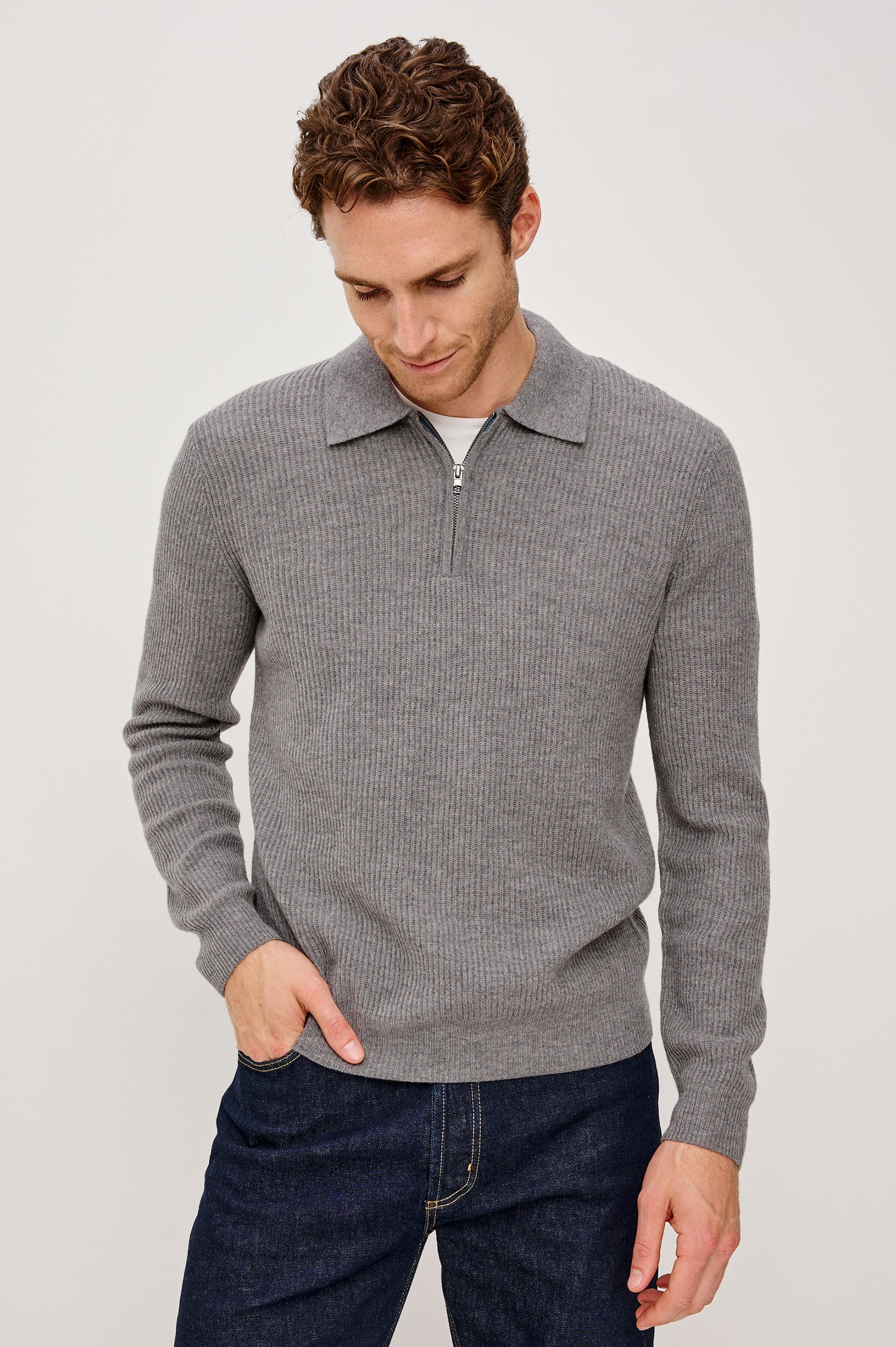Monty Quarter-Zip Sweater in Ribbed Knit With Collar and Long Sleeves in Finch Colorway - Upper Body Front View Featured on Model