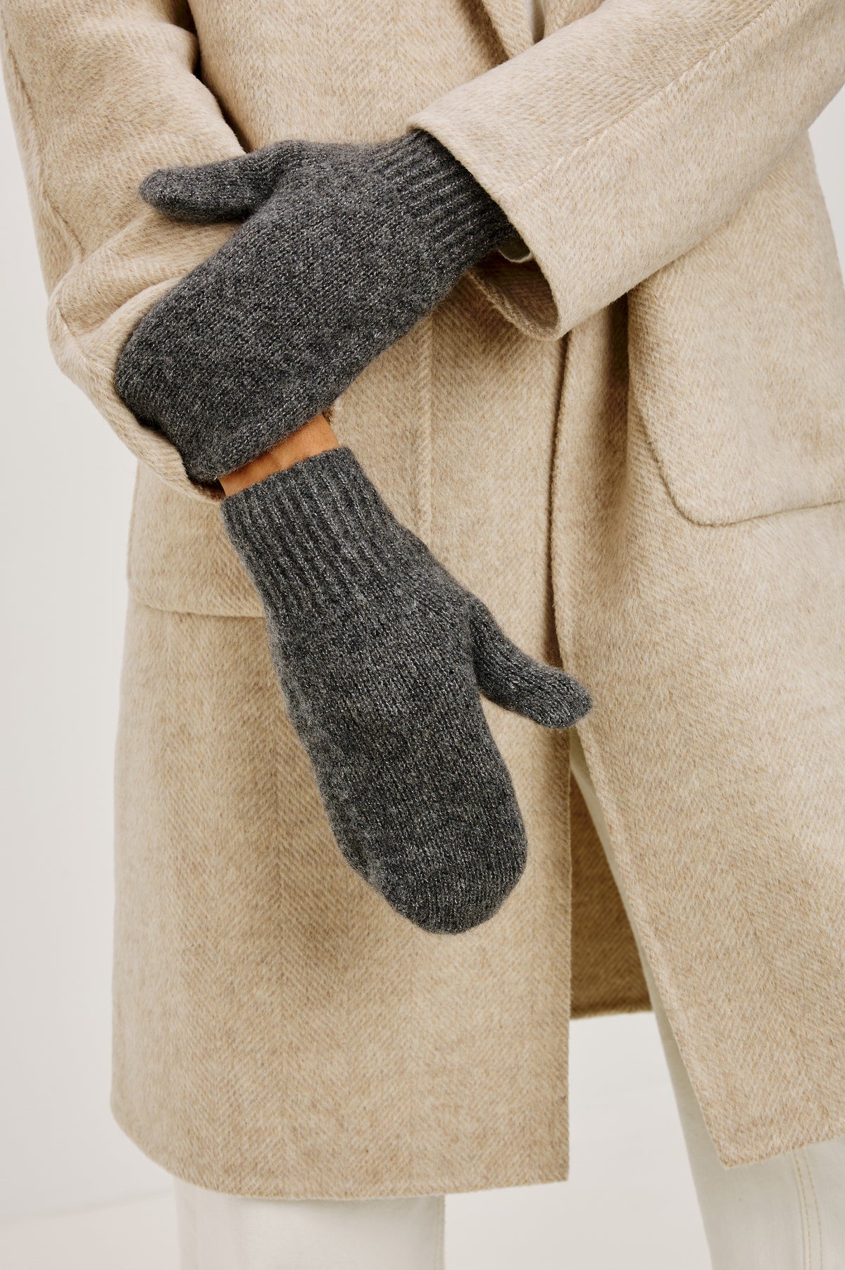 Moritz Mittens in Cashmere Silk Blend With Ribbed Trim in Thunder Colorway - Mid Body Front Close Up View Featured on Model