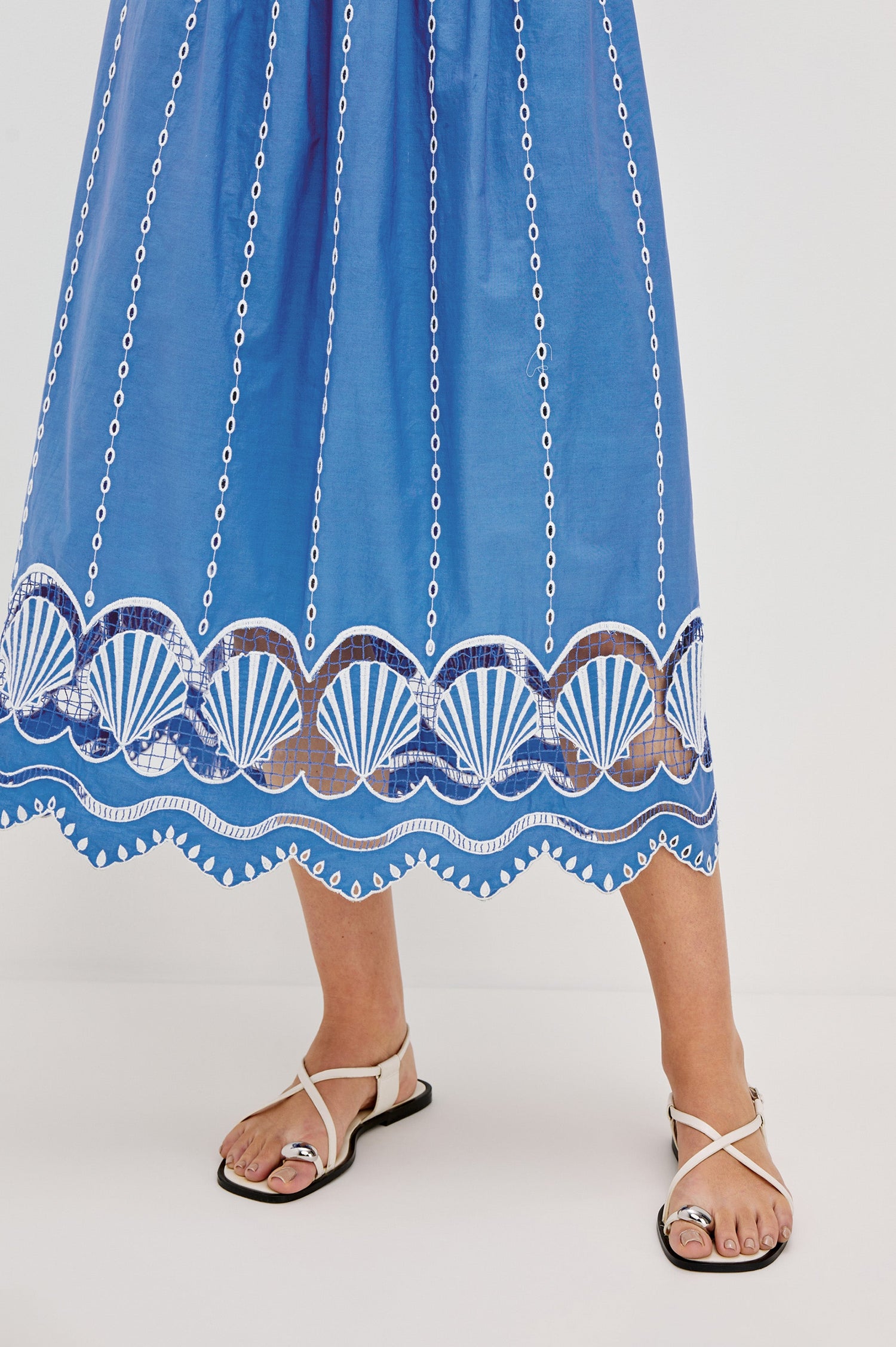 Murano Midi Tank Dress with Spaghetti Straps, Gathered Elastic Waistband, Sea Shell Embroidery and Scalloped Hem in French Blue Colorway. Front Detail View Shown on Model.