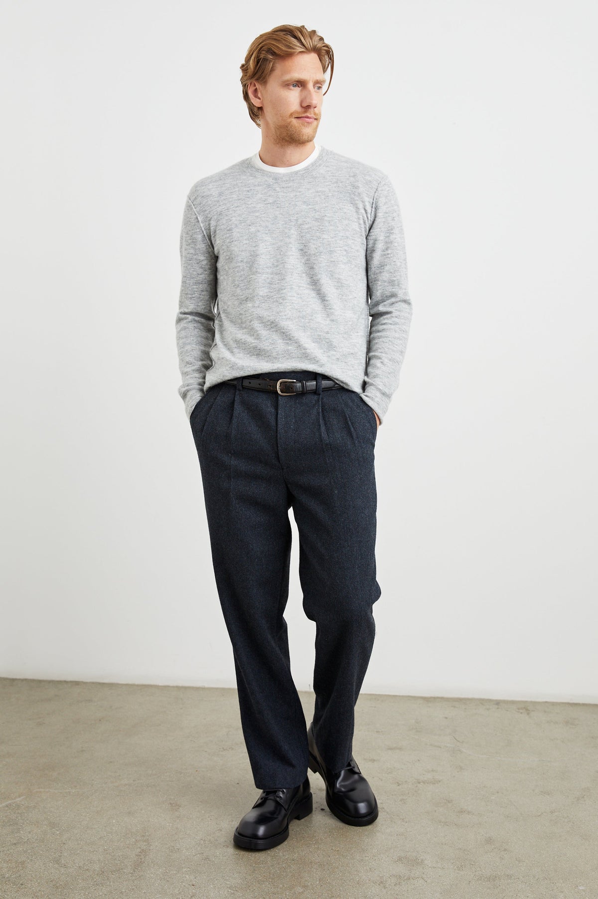 Murphy Pants with Pleats at the Waist, Belt Loops, Two Front Pockets and Two Button Welt Back Pockets in Celestial Tweed Colorway - Front Full Body View Featured on Model
