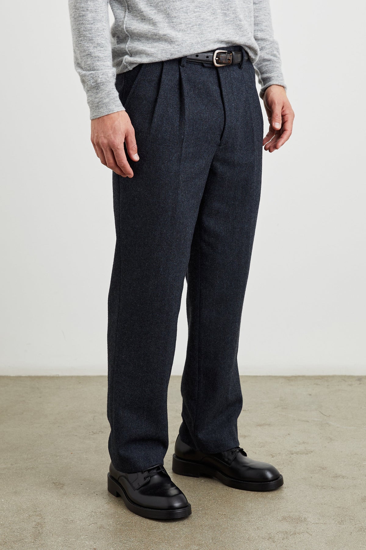 Murphy Pants with Pleats at the Waist, Belt Loops, Two Front Pockets and Two Button Welt Back Pockets in Celestial Tweed Colorway - Front View Featured on Model