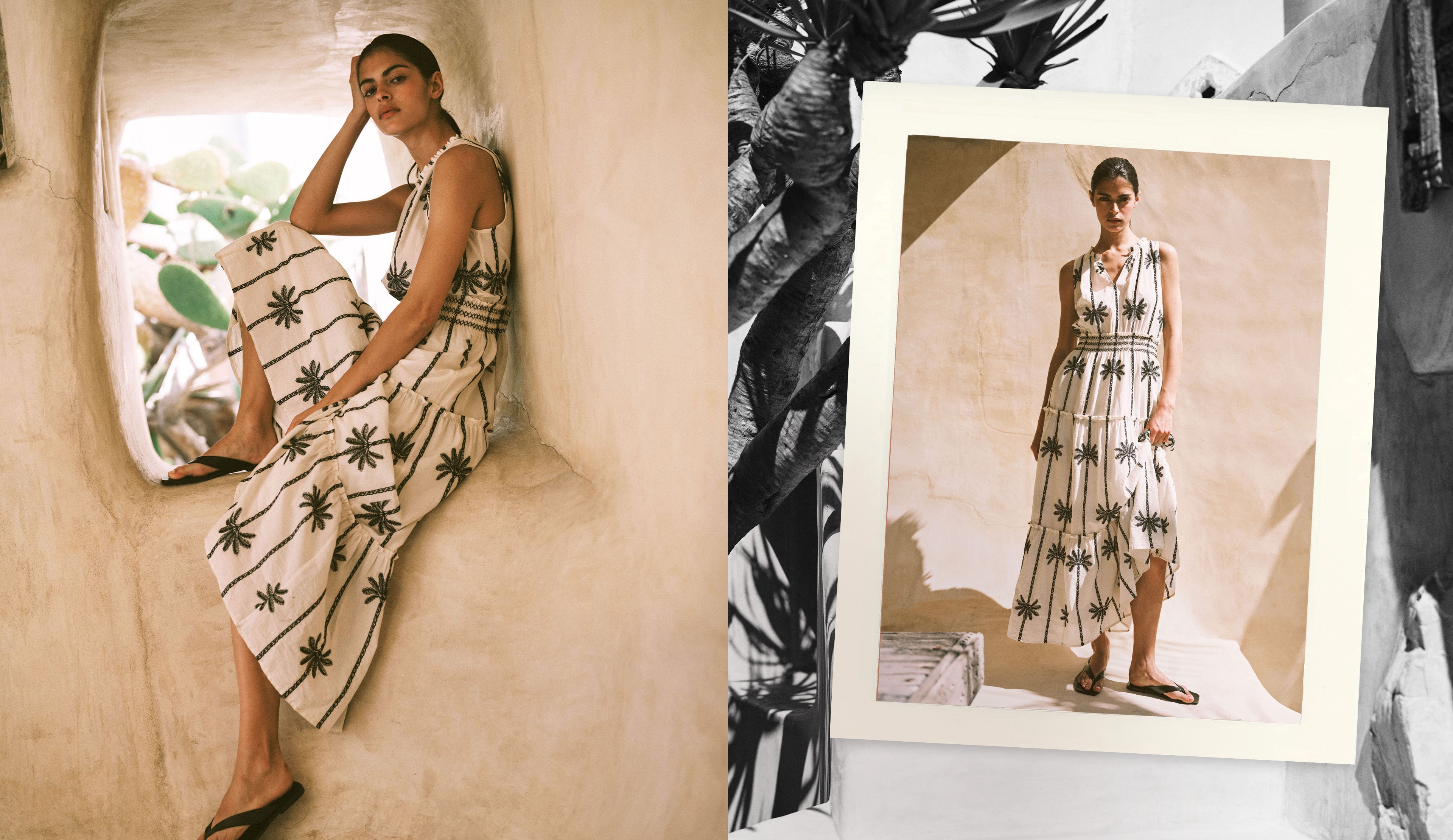 Woman in a white dress with black patterns sitting on a wall, with a framed photo of herself in the same dress.