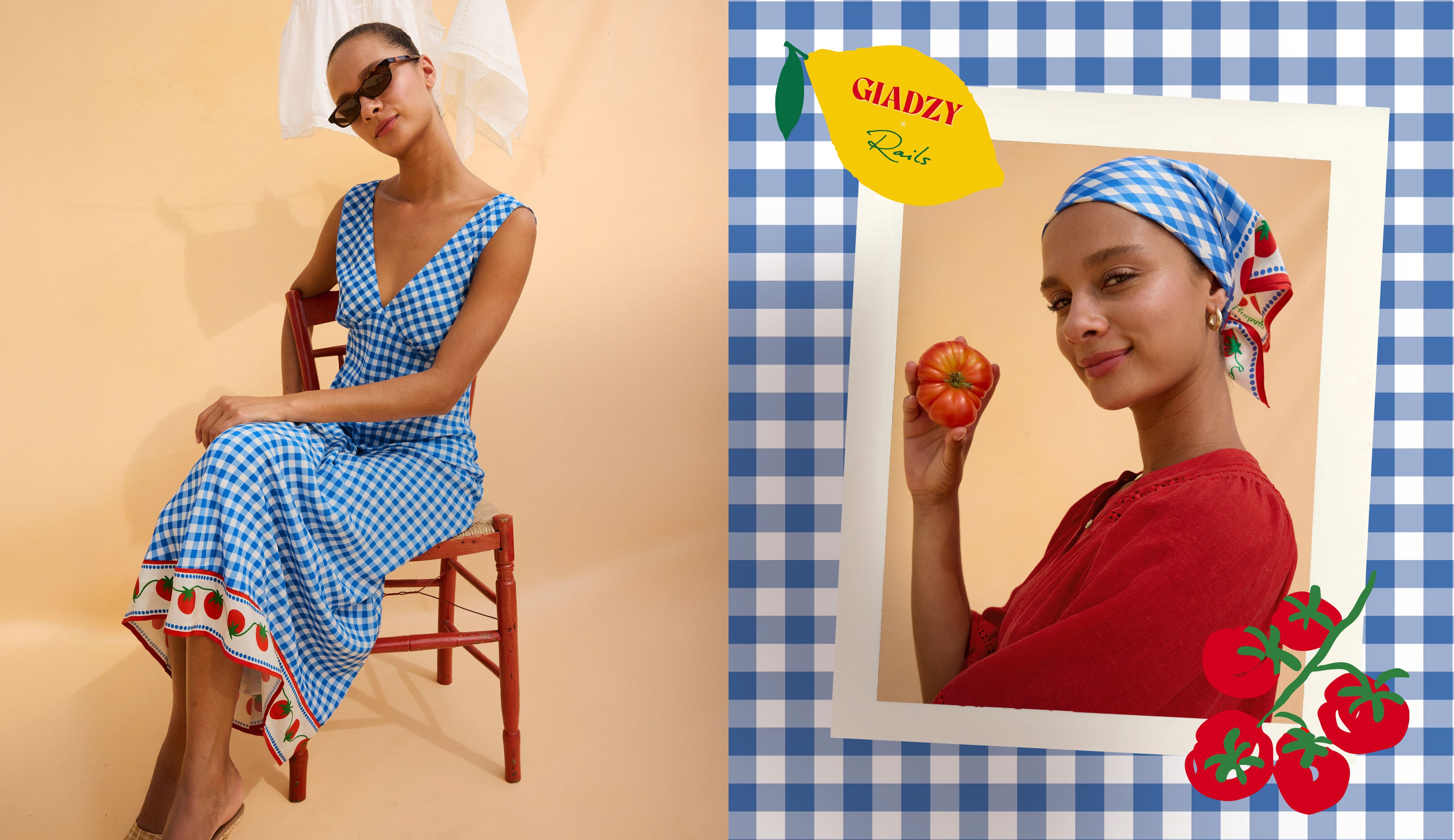 Woman in a blue checkered dress framed by a checkered border with tomatoes.