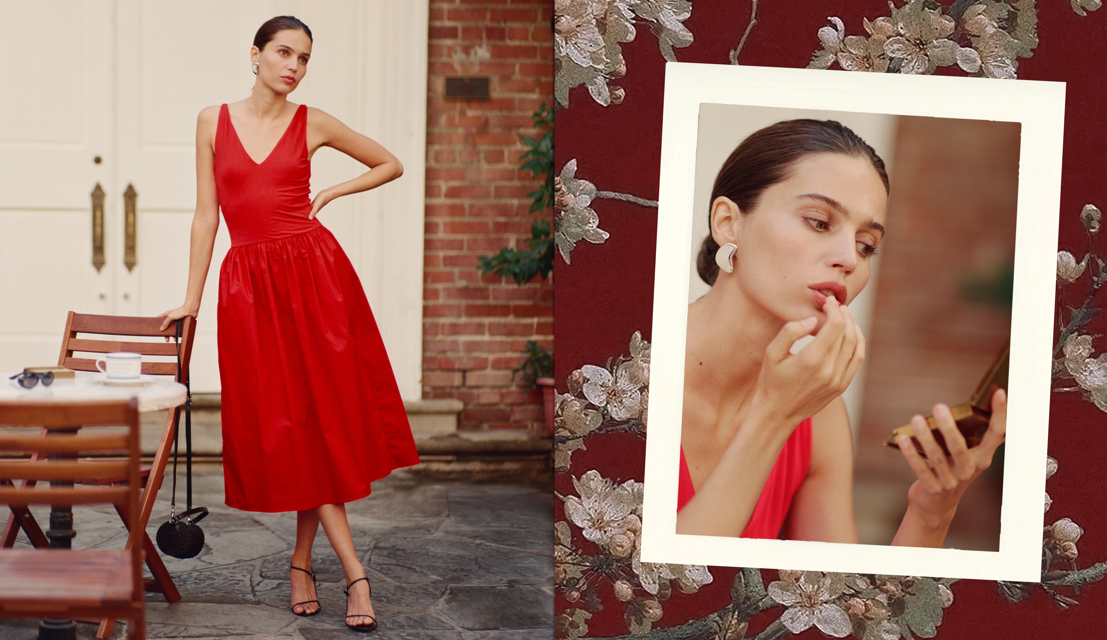Woman in a red dress outdoors with a close-up inset of her applying lipstick.