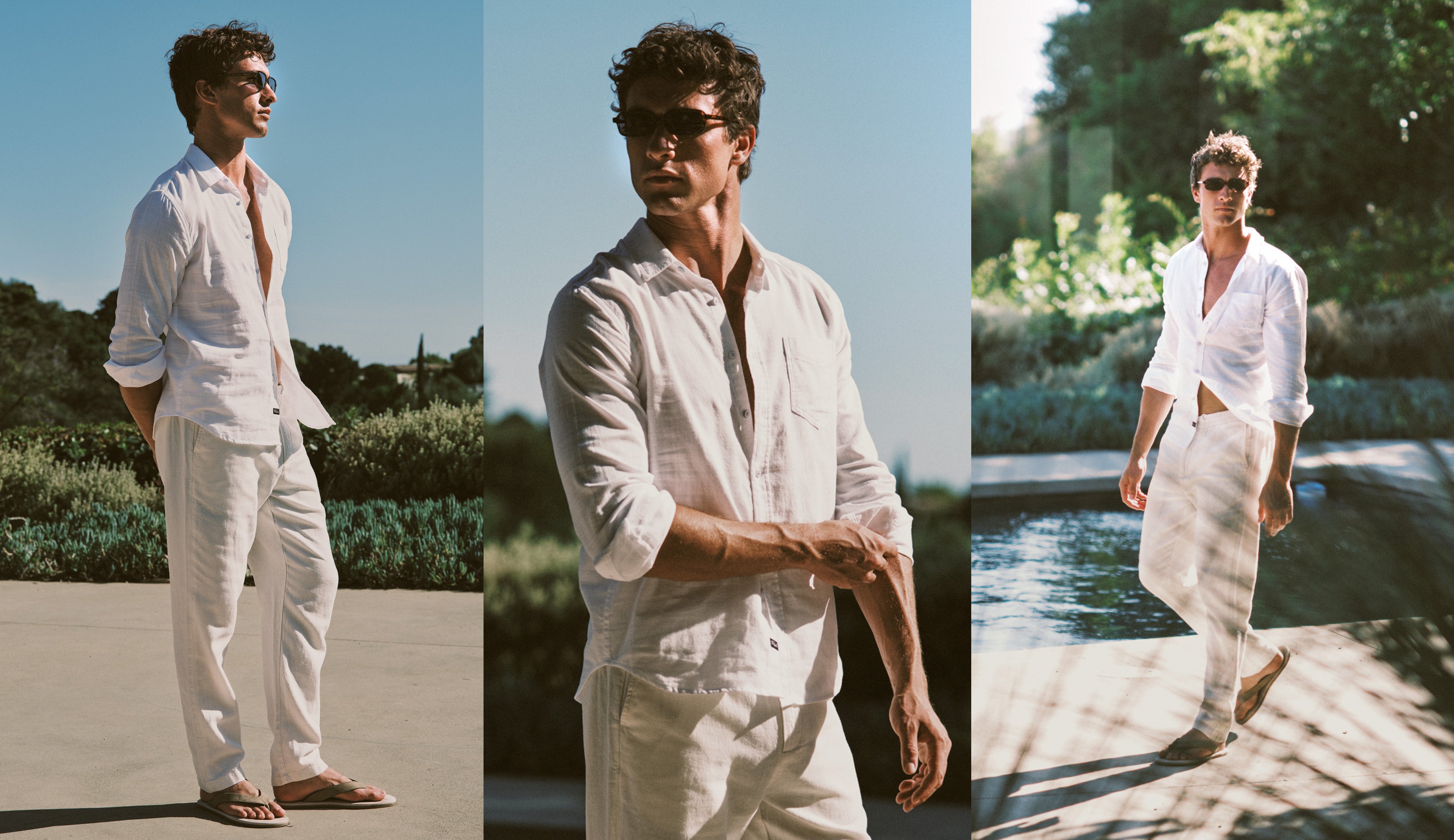 Man wearing a white shirt and white pants by a pool