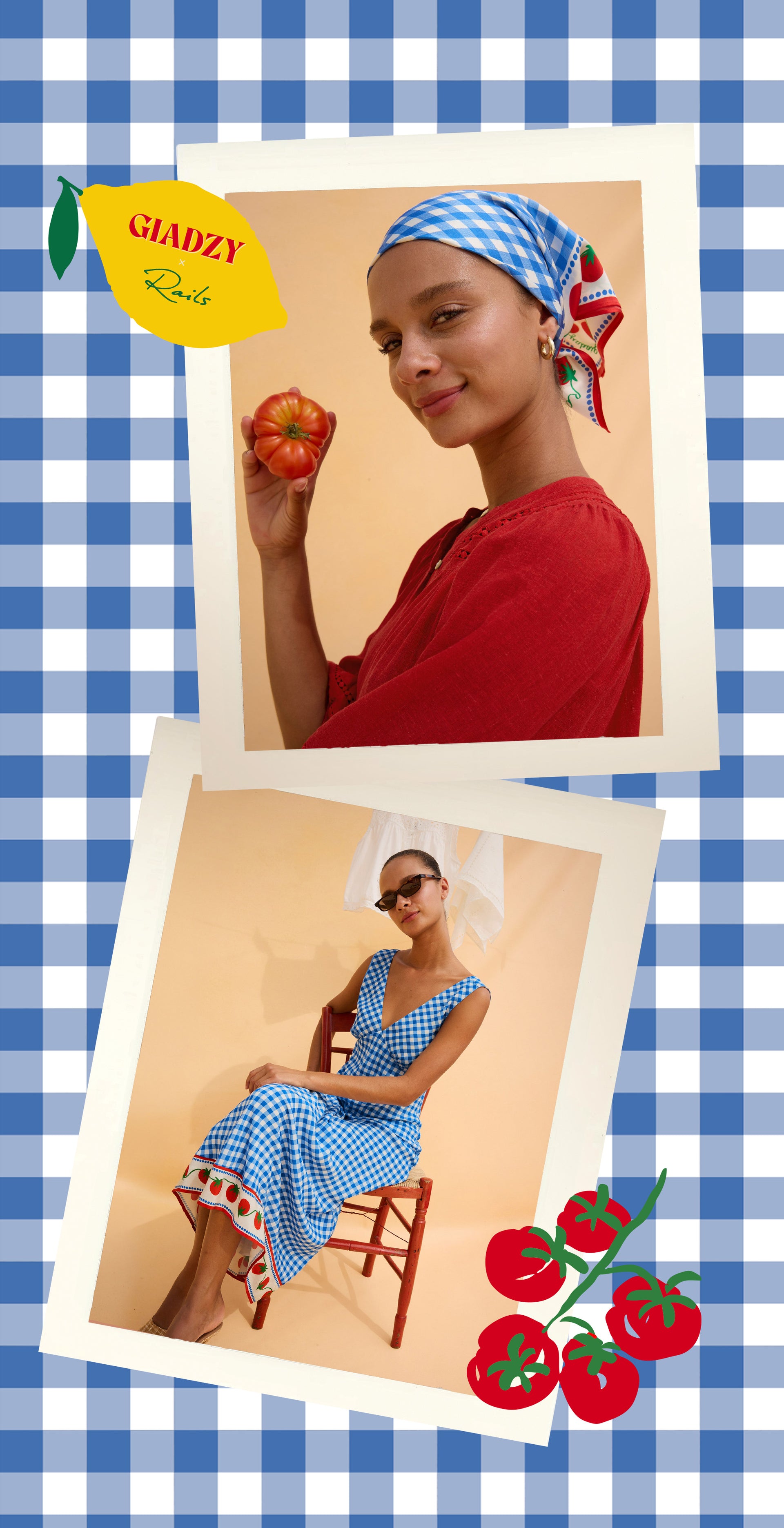 Woman in a blue checkered dress framed by a checkered border with tomatoes.