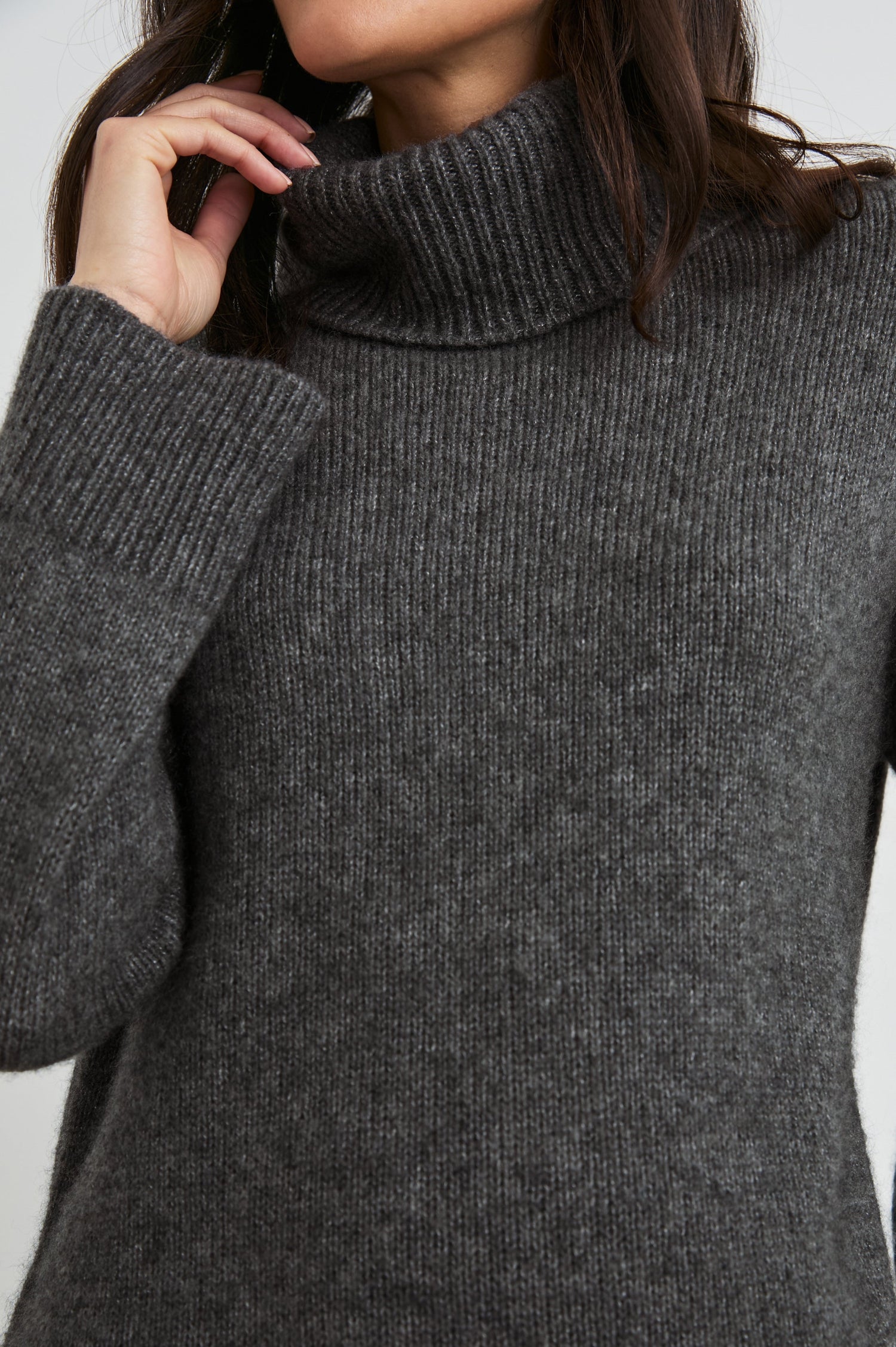 Nadine Long-Sleeve Sweater with a Roll Neck and Ribbed Trim in Thunder Colorway - Front View Featured on Model 