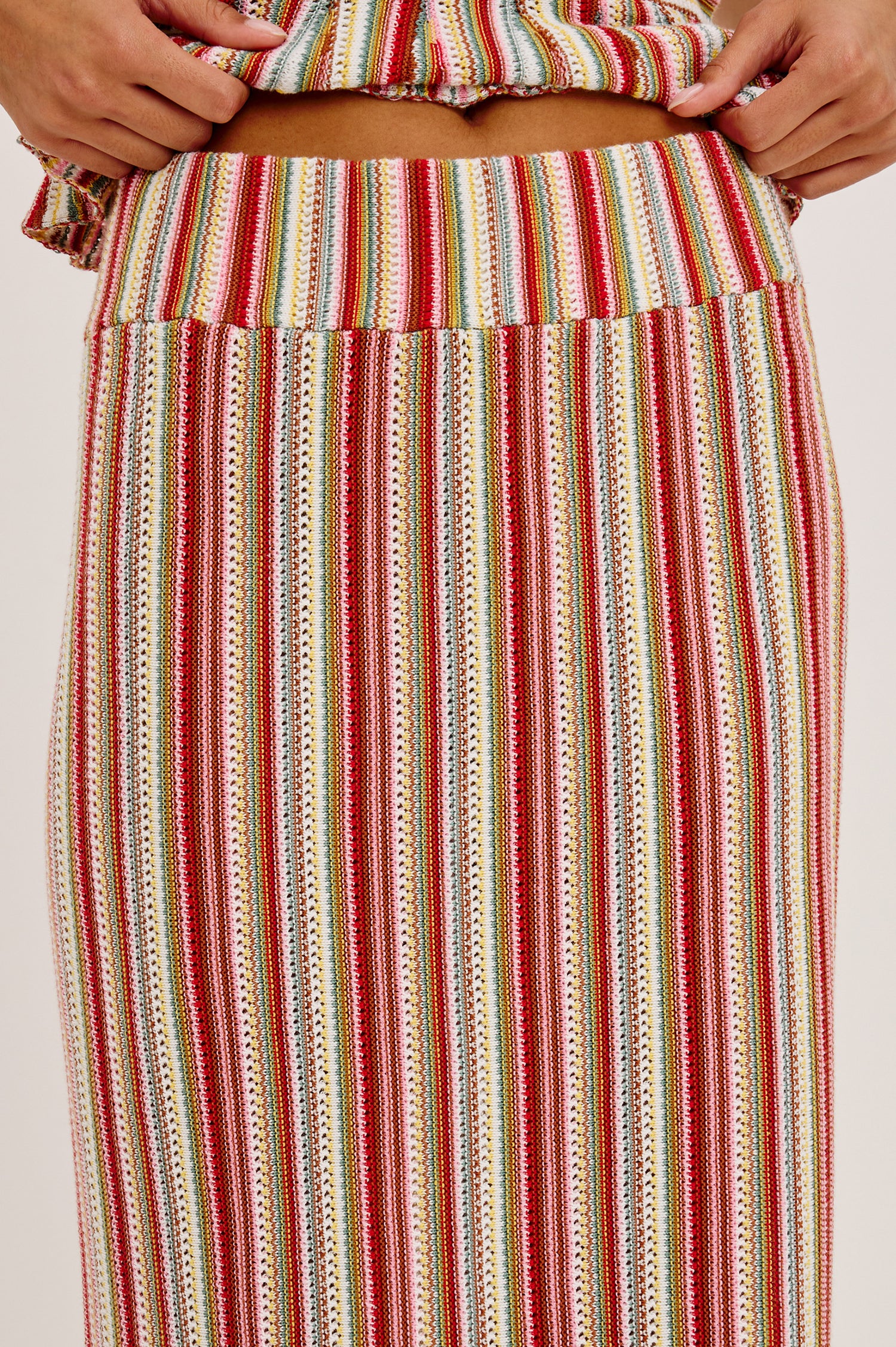 Nari Maxi Skirt in Cotton Knit With High-Rise Stretch Waistband and Trumpet Silhouette in Havana Stripe - Lower Body Front View Featured on Model