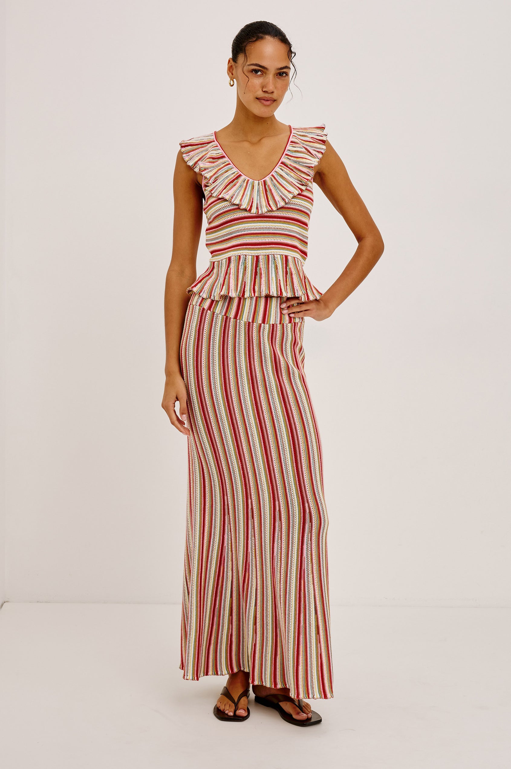 Nari Maxi Skirt in Cotton Knit With High-Rise Stretch Waistband and Trumpet Silhouette in Havana Stripe - Full Body Front View Featured on Model