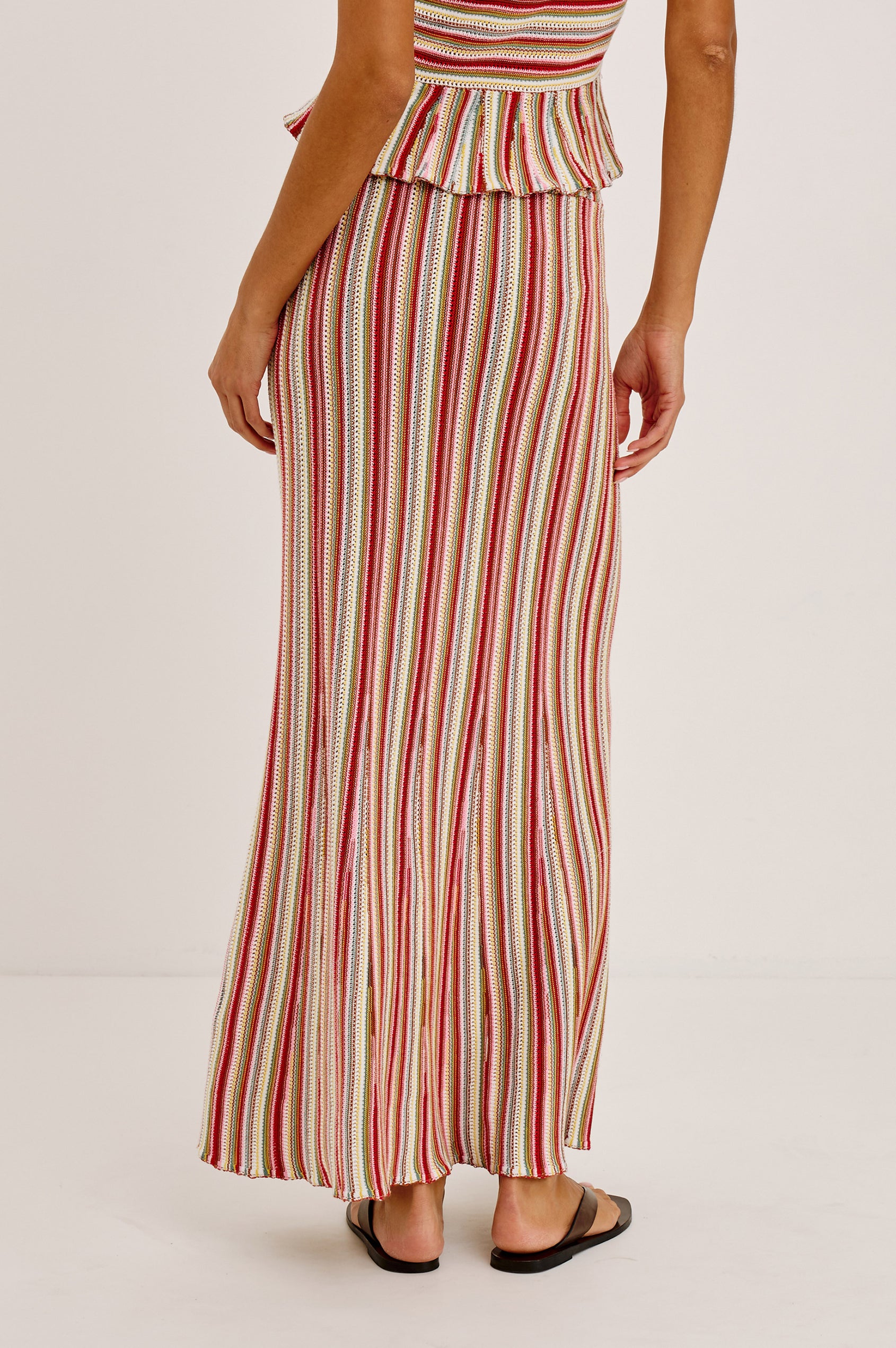 Nari Maxi Skirt in Cotton Knit With High-Rise Stretch Waistband and Trumpet Silhouette in Havana Stripe - Lower Body Back View Featured on Model