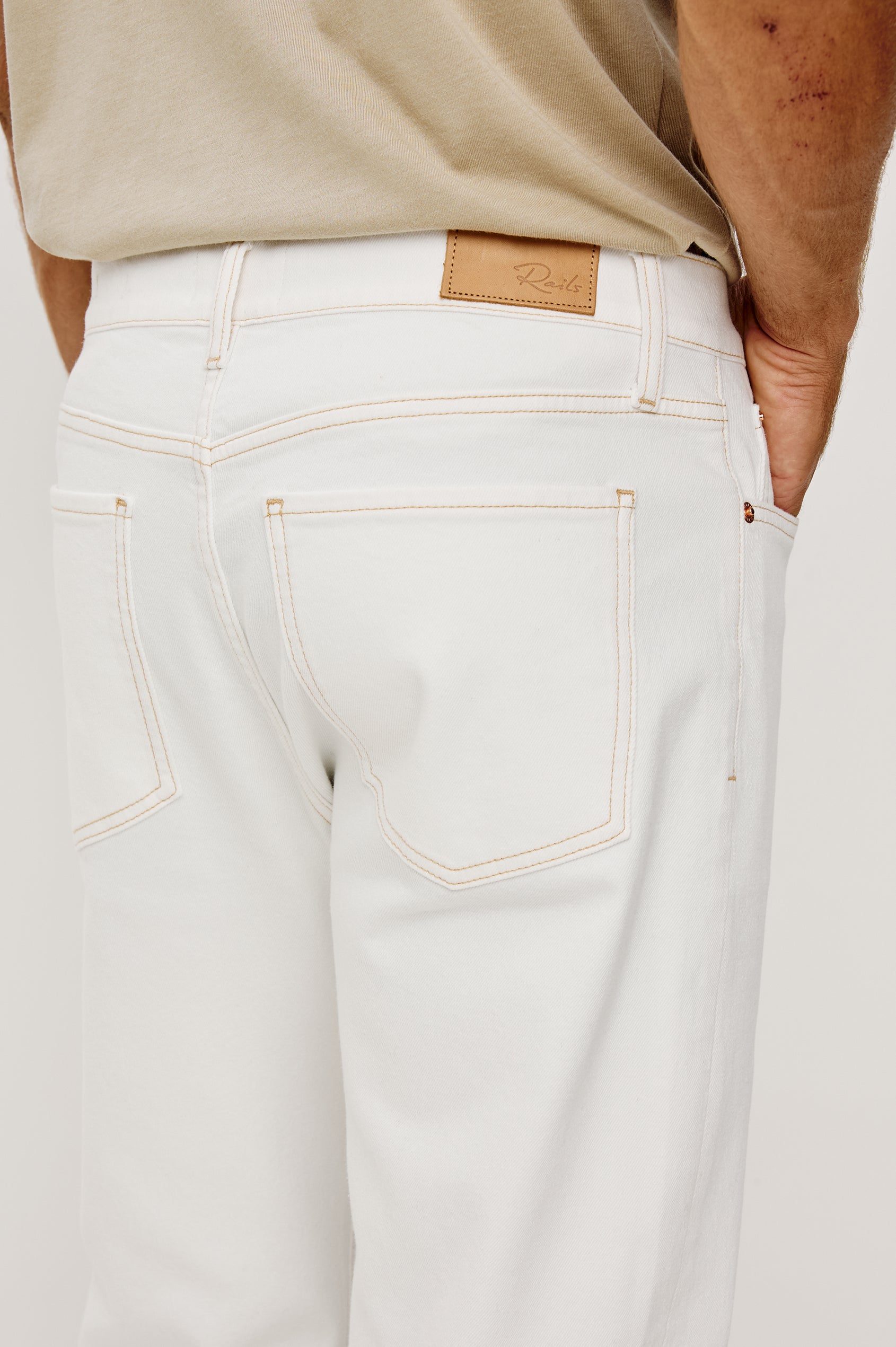 Nash Straight Leg Jean in Stretch Cotton With Classic 5-Pockets, Belt Loops, and a Front Zip Fly in Ecru Colorway - Lower Body Close Up Back View Featured on Model