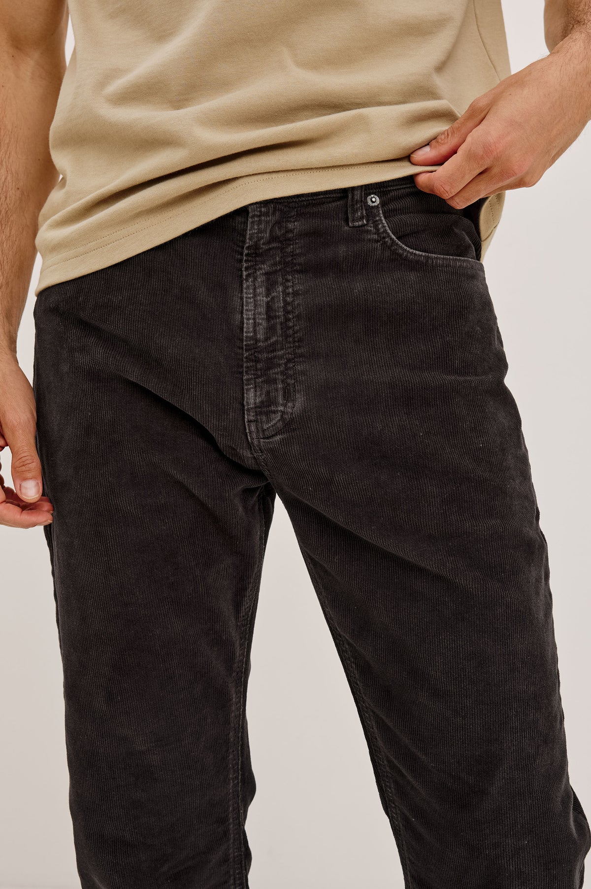 Nash Jean Straight Leg in Rigid Denim With Vintage-Inspired Button Fly and 5-Pocket Styling in Phantom Colorway - Lower Body Front Close Up View Featured on Model