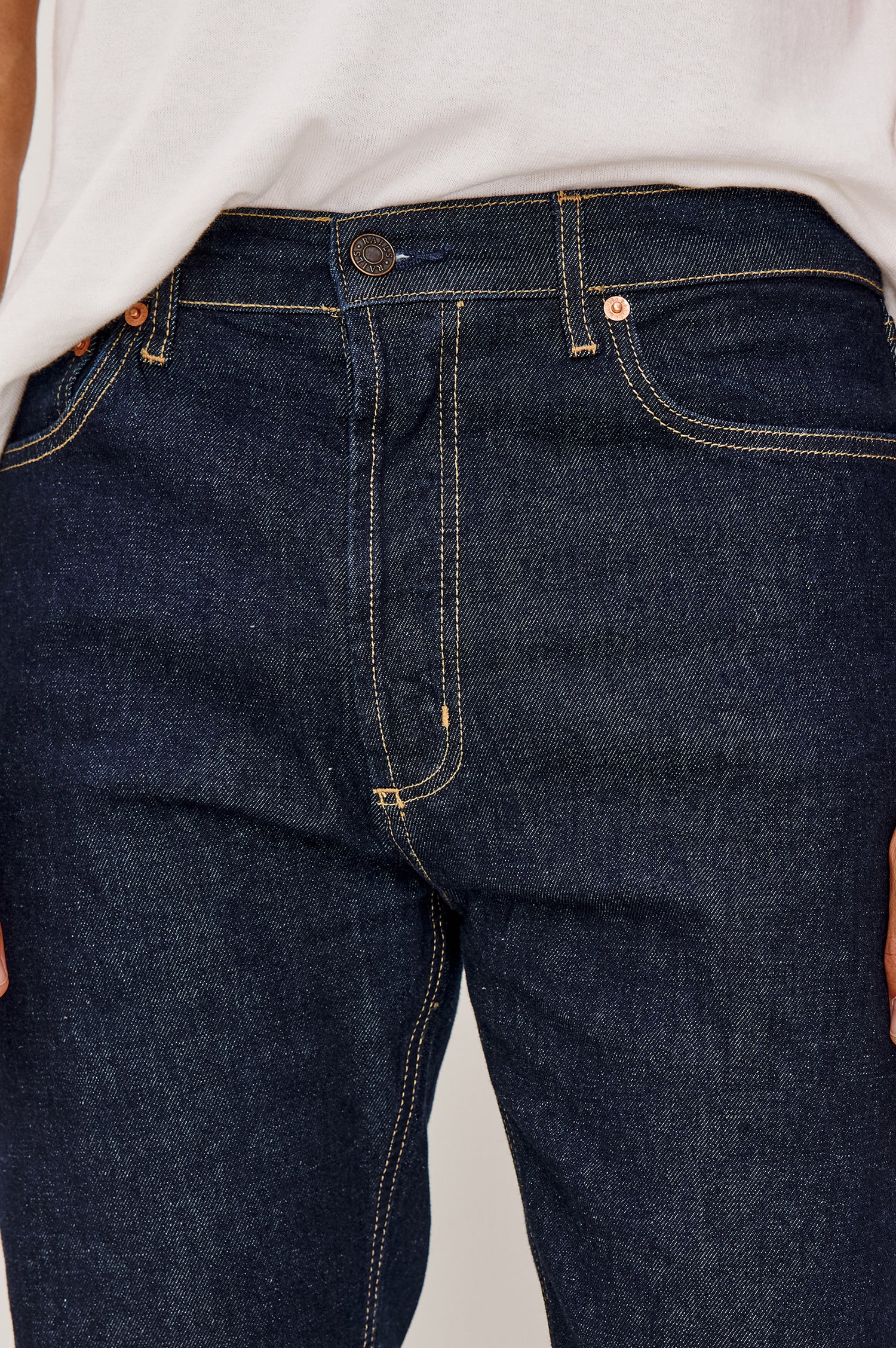 Nash Straight Leg Jean in Comfort Strech Denim With 5-Pockets and Front Zip Fly in Rinse Wash Colorway - Lower Body Front View Featured on Model