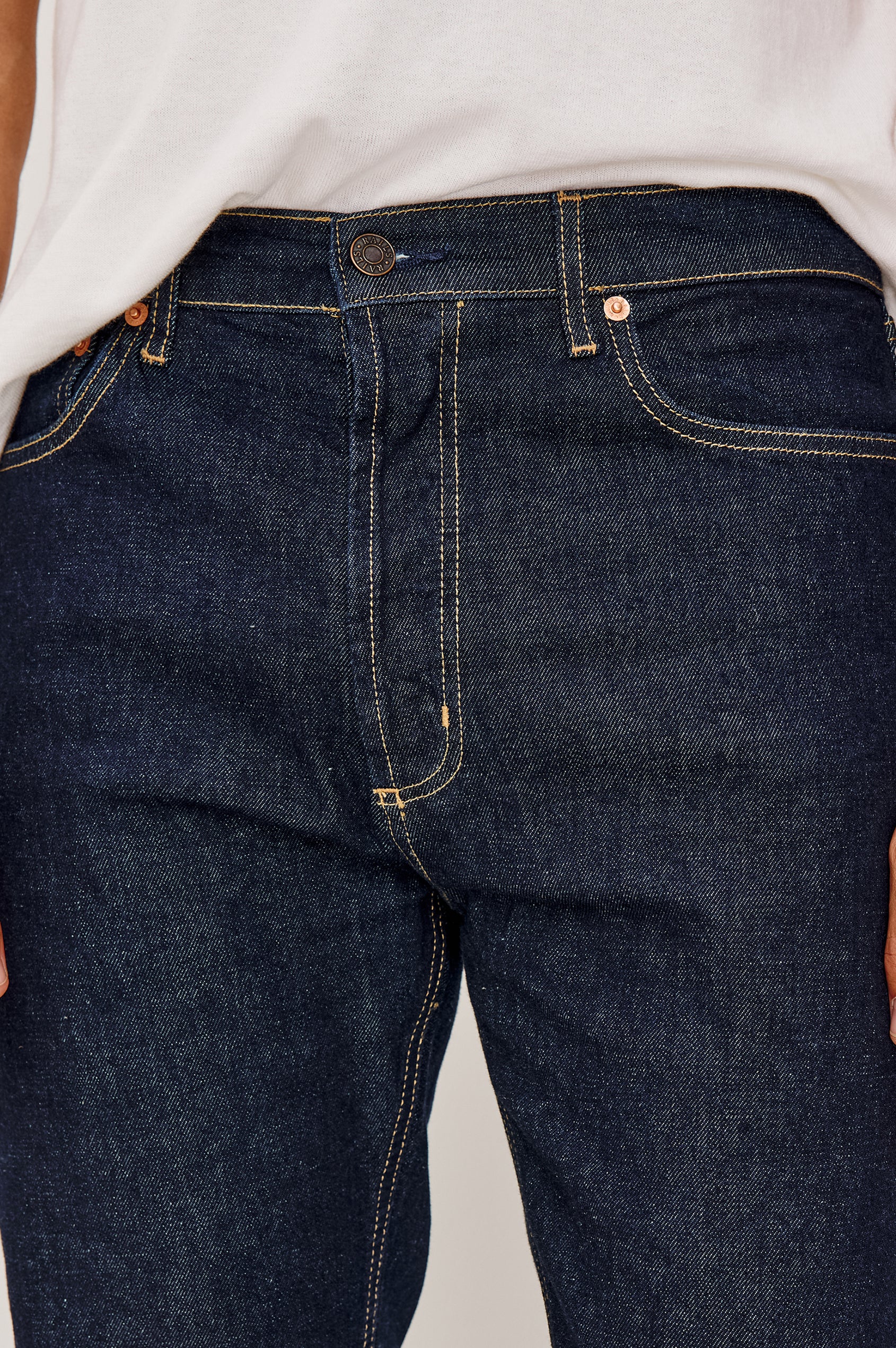 Nash Straight Leg Jean in Comfort Strech Denim With 5-Pockets and Front Zip Fly in Rinse Wash Colorway - Lower Body Front View Featured on Model