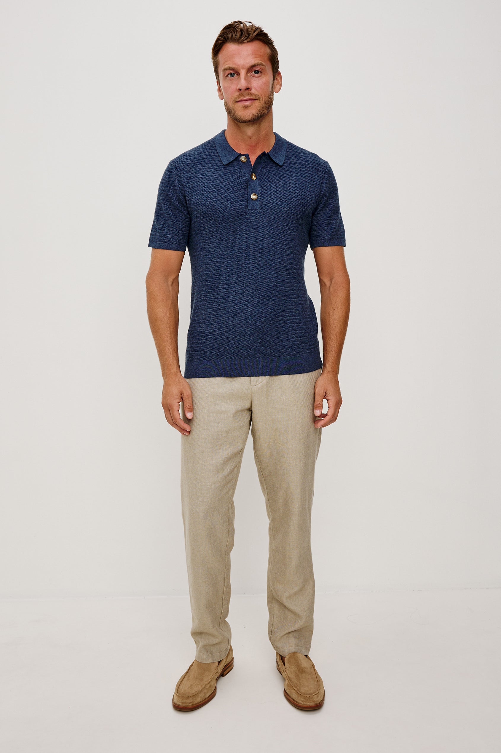 Nathan Polo Shirt in Cotton Blend Knit With Collar, Quarter Button Placket, and Short Sleeves in Harbour Colorway - Full Body Front View Featured on Model