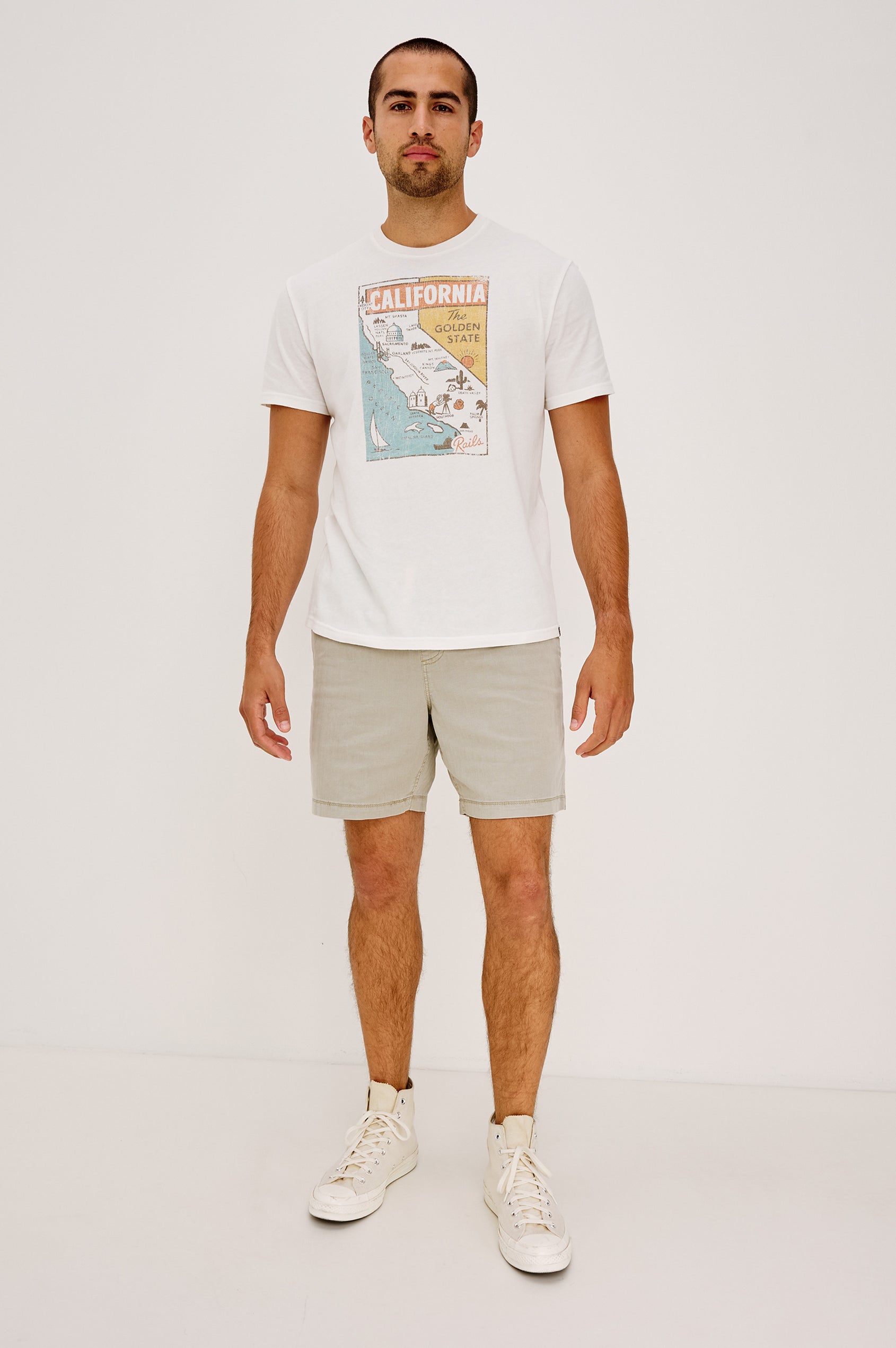 Neil Tee in Slub Cotton Jersey With Classic Fit, Short Sleeves, and Crewneck in Golden State Colorway - Full Body Front View Featured on Model