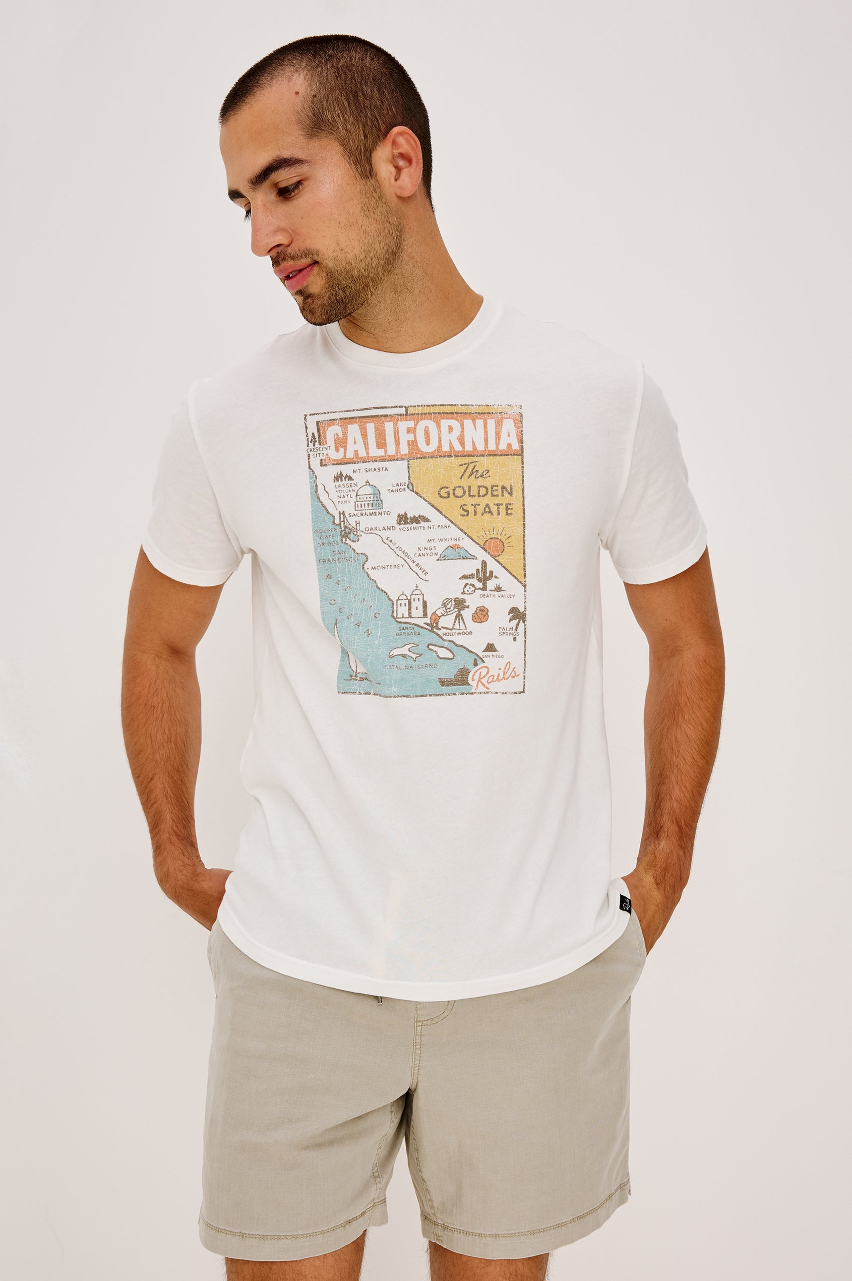 Neil Tee in Slub Cotton Jersey With Classic Fit, Short Sleeves, and Crewneck in Golden State Colorway - Upper Body Front View Featured on Model