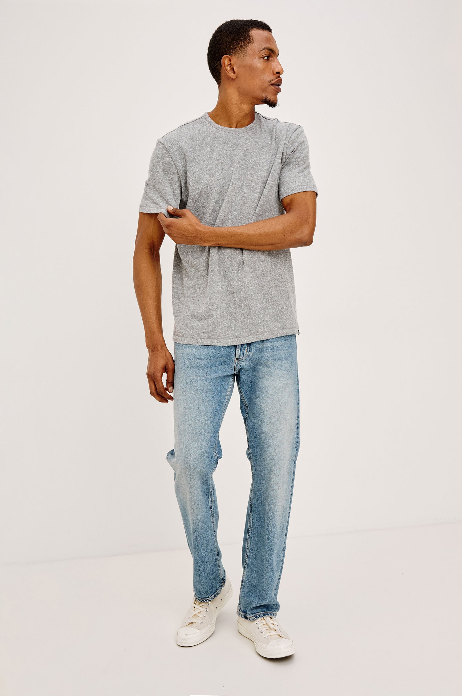 Neil Tee in Slub Cotton Jersey With Classic Fit, Short Sleeves, and Crewneck in Heather Grey Colorway - Upper Body Front View Featured on Model