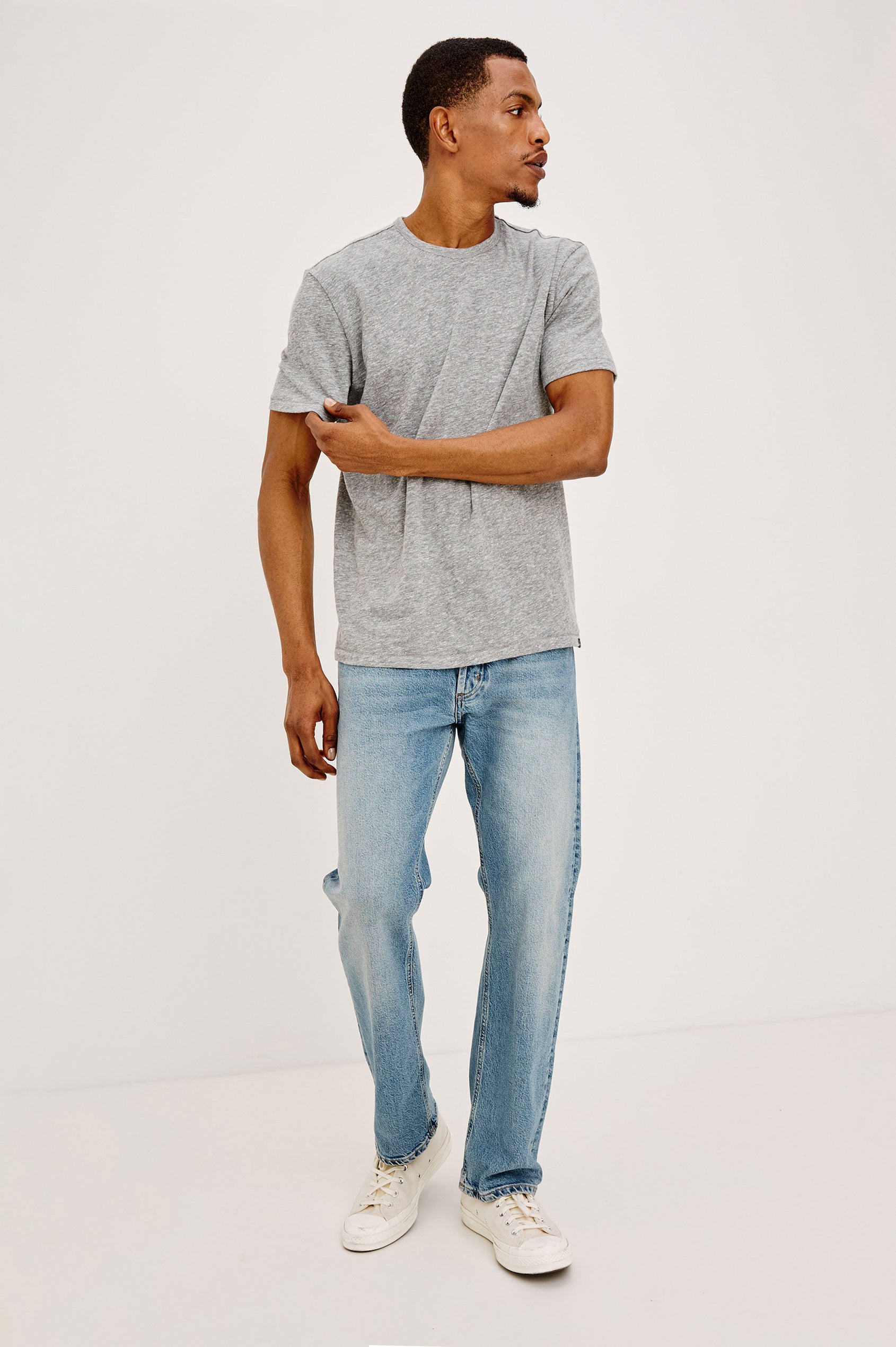 Neil Tee in Slub Cotton Jersey With Classic Fit, Short Sleeves, and Crewneck in Heather Grey Colorway - Upper Body Front View Featured on Model