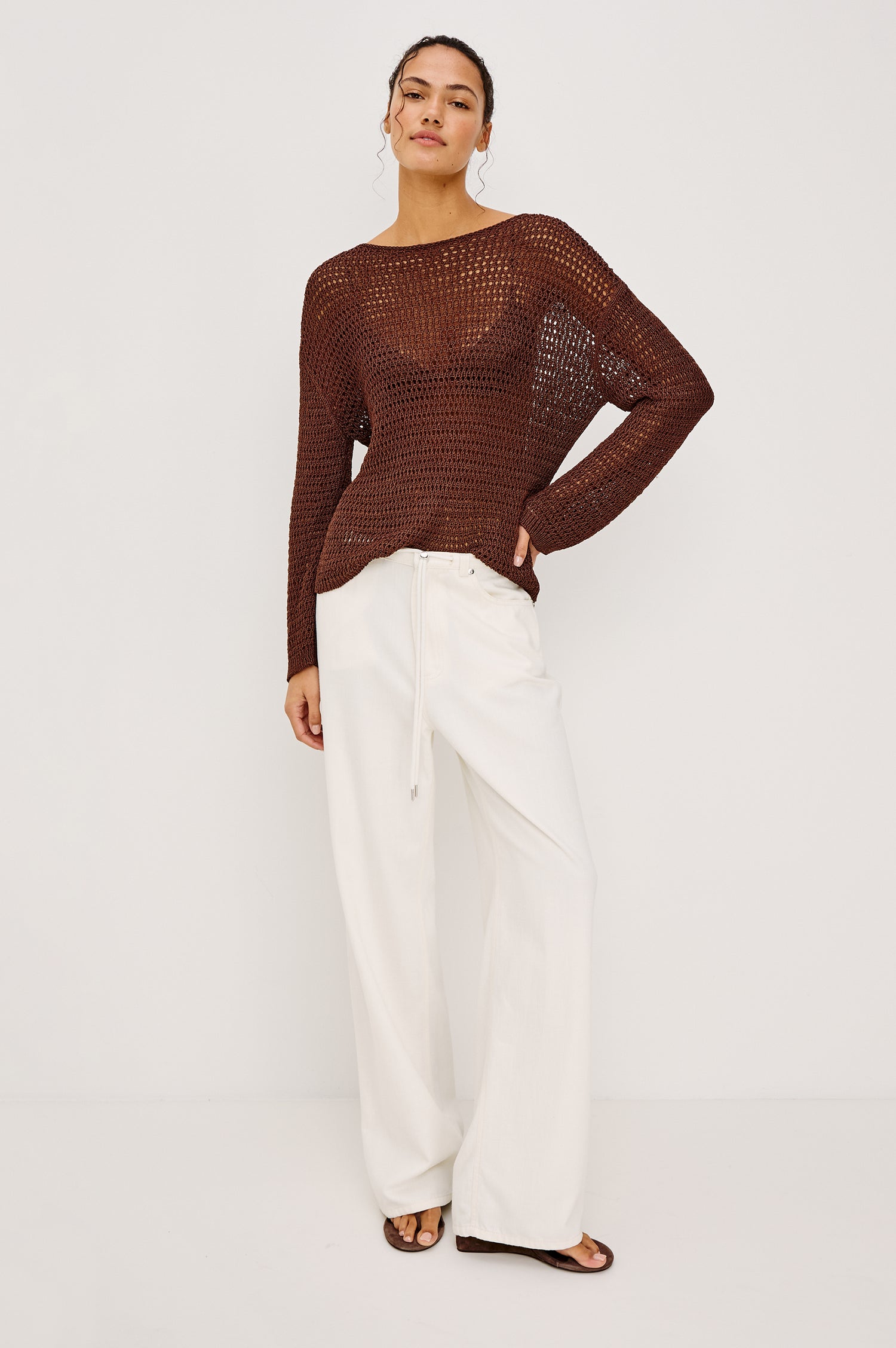 Normandie Relaxed Pant in Cotton Lyocell Denim With Adjustable Drawstring Toggles and 5-Pocket Styling in Ivory Colorway - Full Body Front View Featured on Model