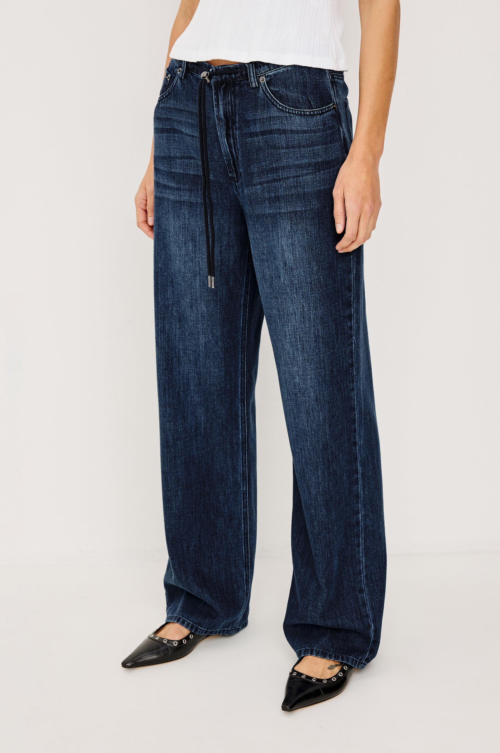 Normandie Relaxed Pant in Cotton Lyocell Denim With Adjustable Drawstring Toggles and 5-Pocket Styling in Oceana Colorway - Lower Body Front View Featured on Model