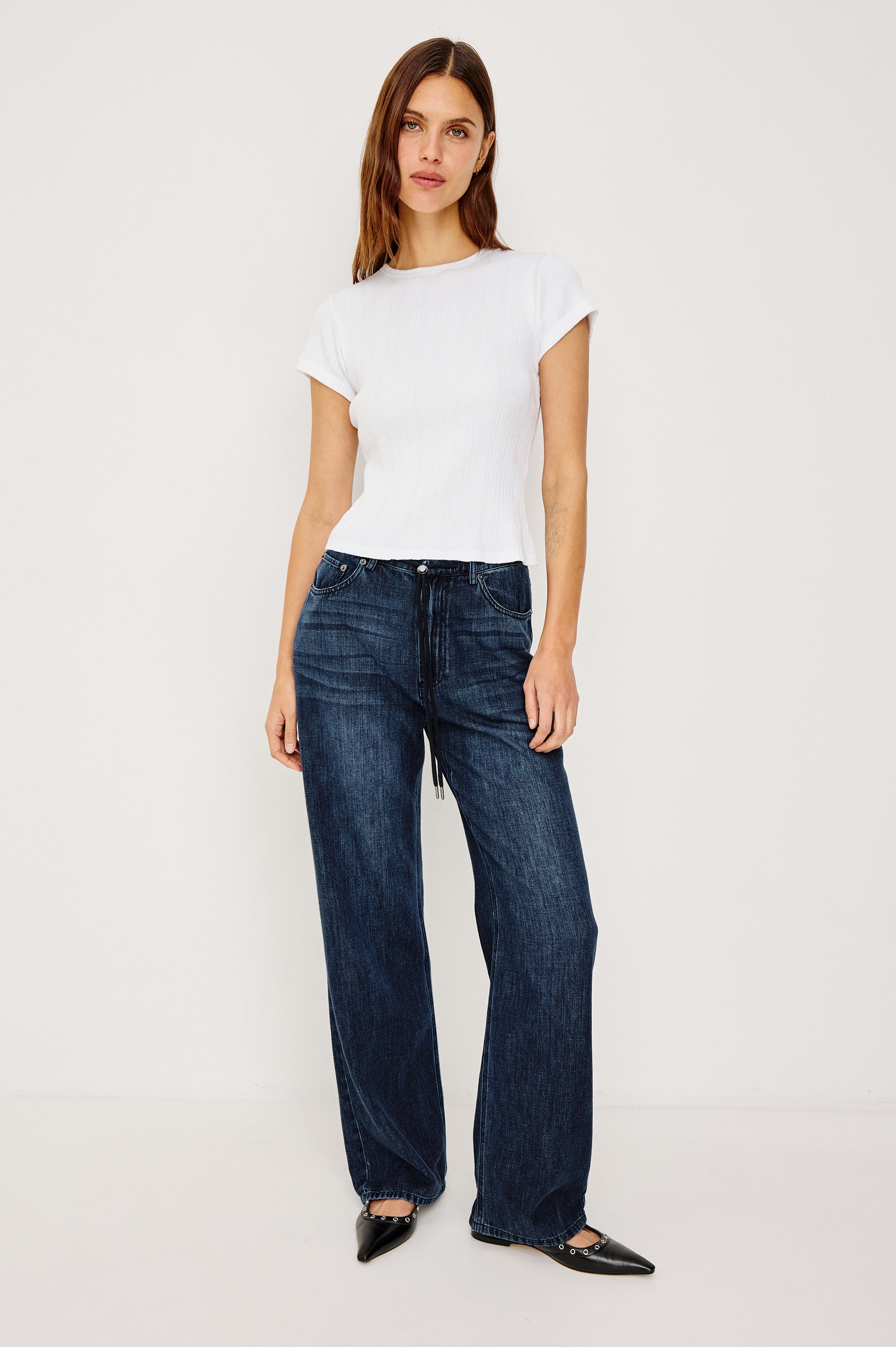 Normandie Relaxed Pant in Cotton Lyocell Denim With Adjustable Drawstring Toggles and 5-Pocket Styling in Oceana Colorway - Full Body Front View Featured on Model