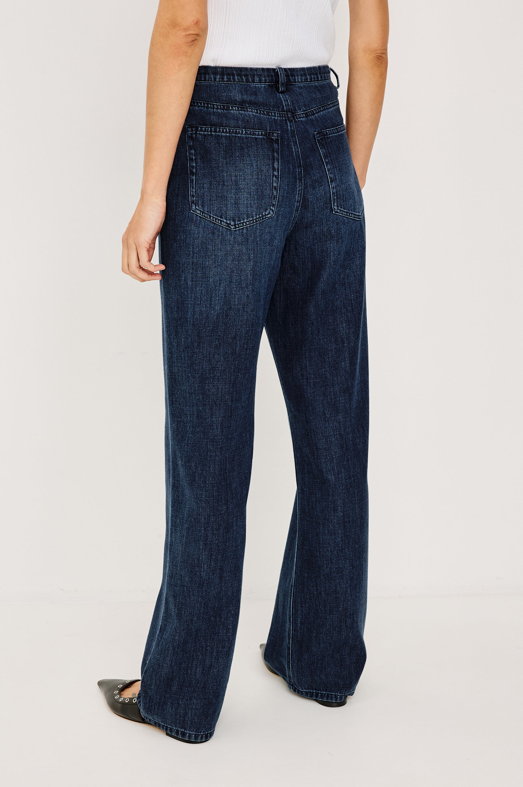 Normandie Relaxed Pant in Cotton Lyocell Denim With Adjustable Drawstring Toggles and 5-Pocket Styling in Oceana Colorway - Lower Body Back View Featured on Model